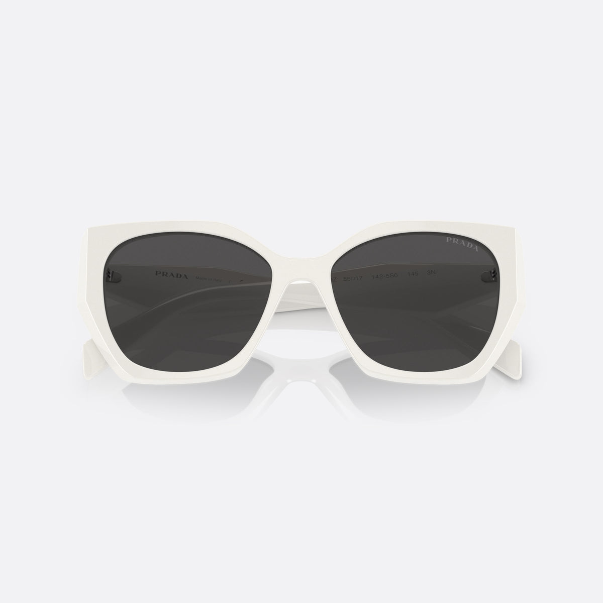 Prada PR 19ZS 1425/S0 sunglasses, white geometric frame for women, plain bridge, brand lettering on temples, full rim frame, folded