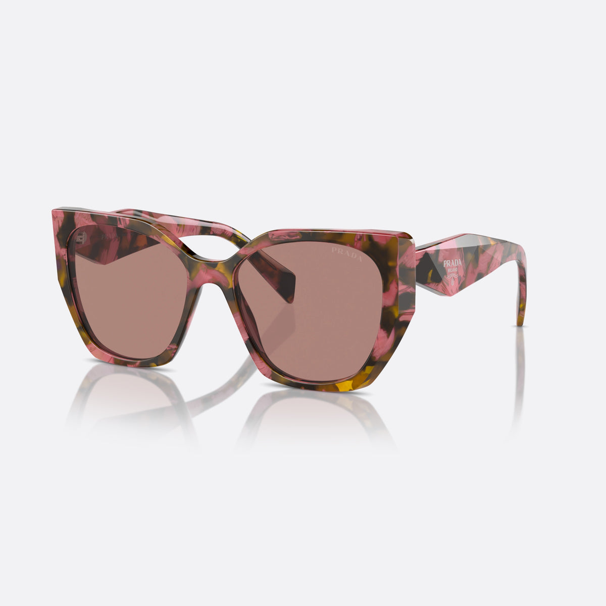 Prada PR 19ZS 18N-10D sunglasses, havana hexagonal frame, unisex, integrated bridge with no visible hardware