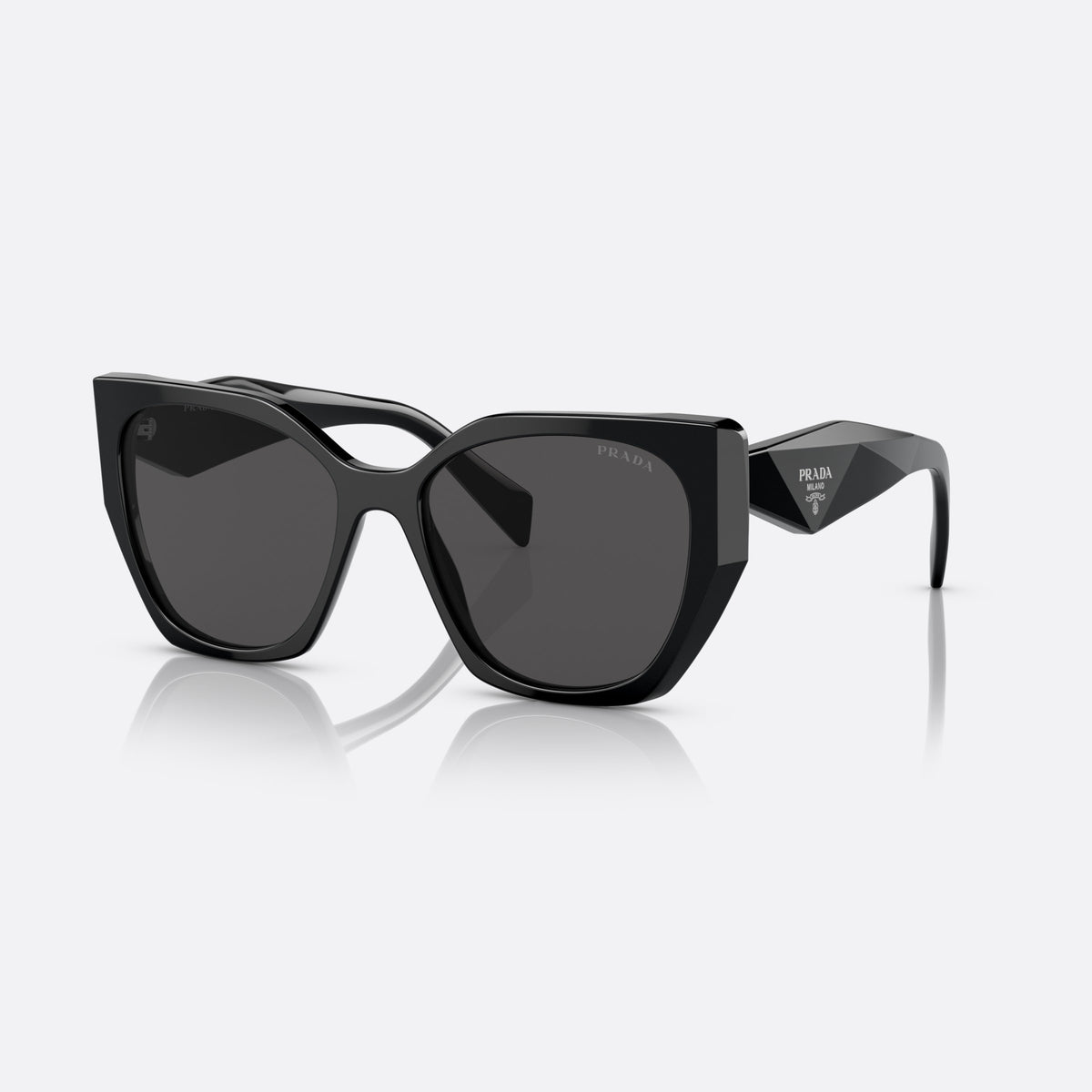 Prada PR 19ZS 1AB5/S0 sunglasses, black pillow frame for women, plain bridge, thick acetate, brand lettering on temples