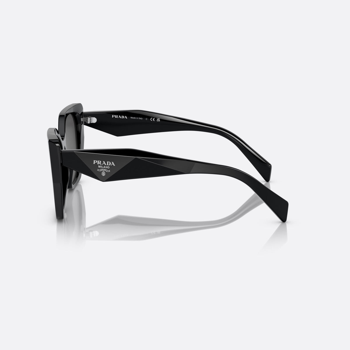Prada PR 19ZS 1AB5/S0 sunglasses, black pillow frame for women, plain bridge, thick acetate, brand lettering on temples, side view