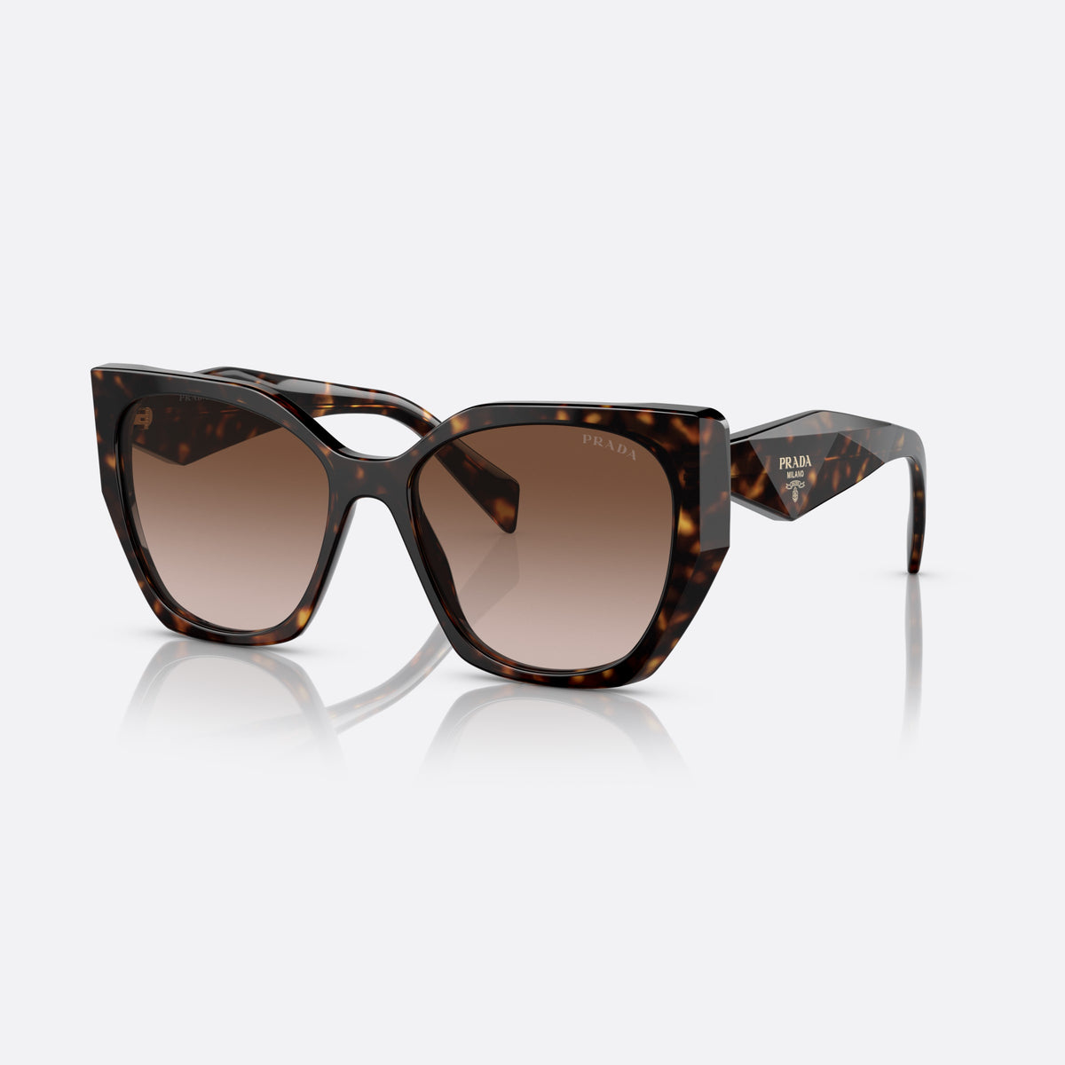 Prada PR 19ZS 2AU6/S1 sunglasses, havana pillow frame for women, plain bridge with slim profile, brand lettering on temples