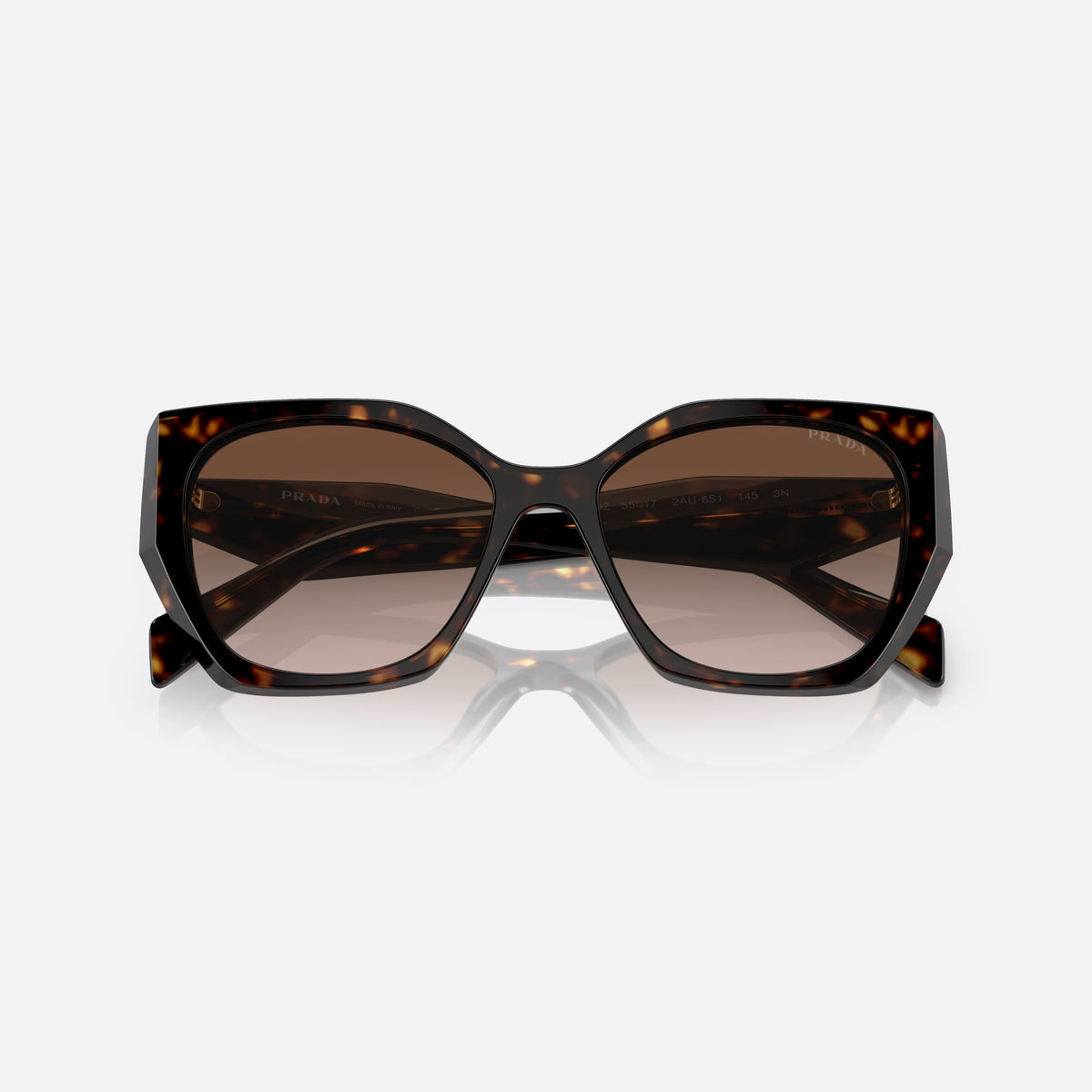 Prada PR 19ZS 2AU6/S1 sunglasses, havana pillow frame for women, plain bridge with slim profile, brand lettering on temples, folded
