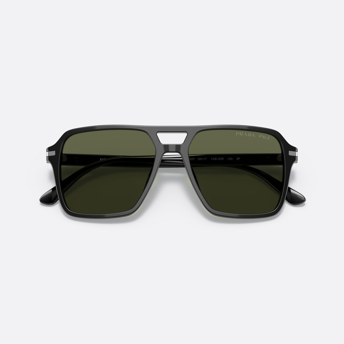 Prada PR 20YS 1AB-03R sunglasses, black pilot frame for men, double bridge with open window, slim tapered temples, folded