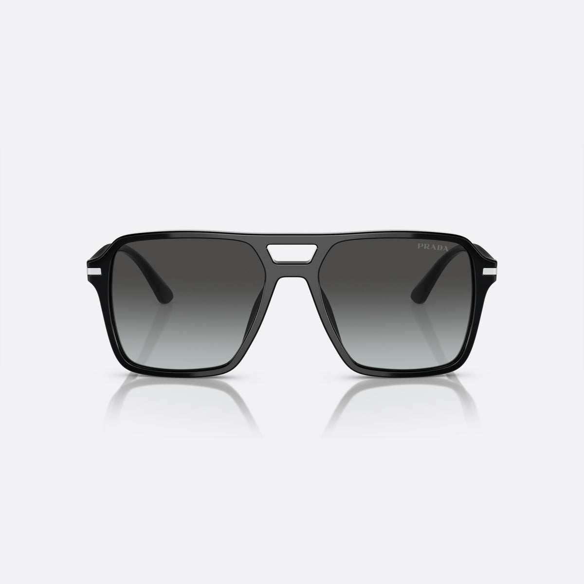 Prada PR 20YS 1AB06T BLGR sunglasses, black pilot frame for men, double bridge with cutout, brand lettering on temples, front view