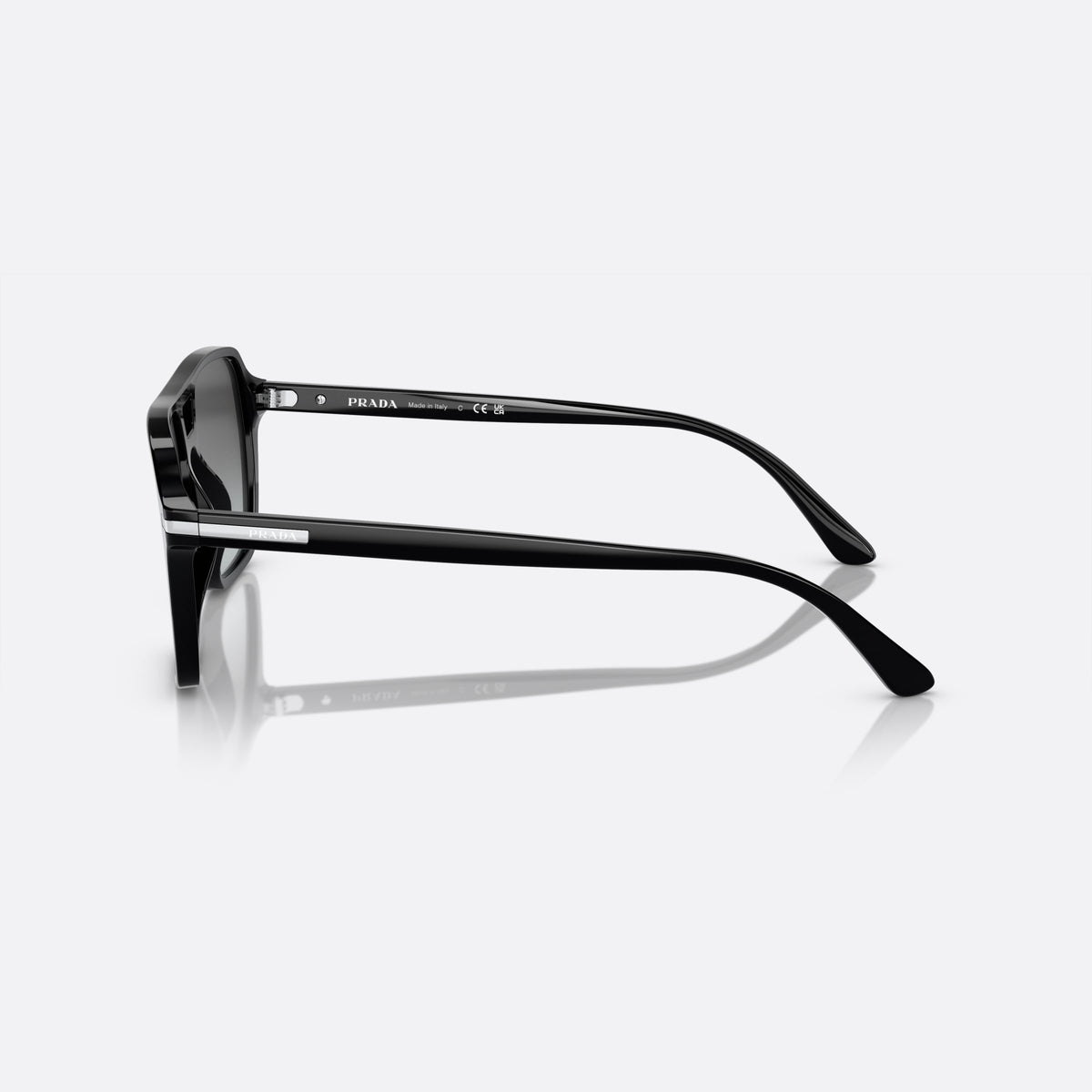 Prada PR 20YS 1AB06T BLGR sunglasses, black pilot frame for men, double bridge with cutout, brand lettering on temples, side view