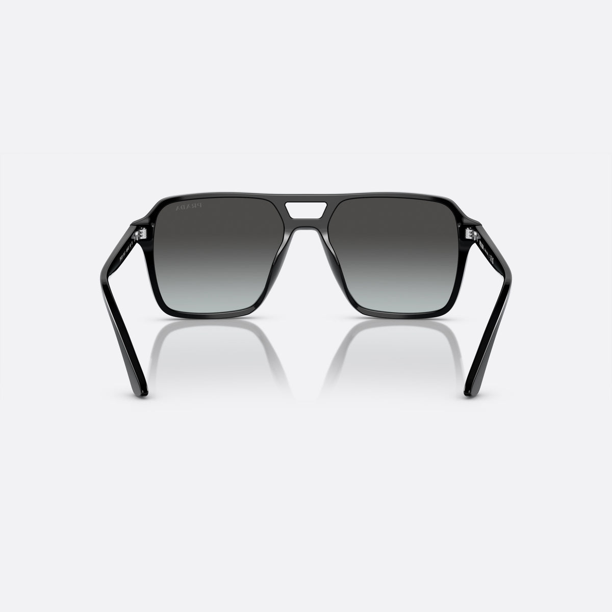 Prada PR 20YS 1AB06T BLGR sunglasses, black pilot frame for men, double bridge with cutout, brand lettering on temples, back view