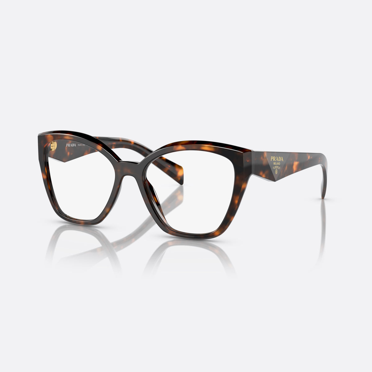 Prada PR 20ZV 14L-1O1 eyeglasses, havana irregular frame for women, keyhole bridge, brand logo on temple, wide tapered temples