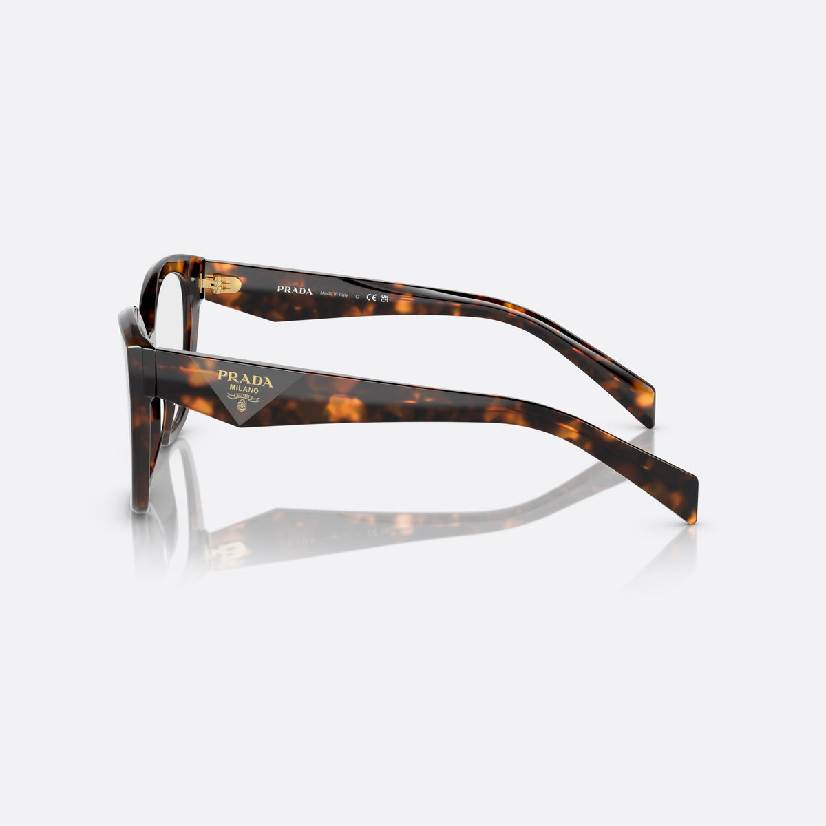 Prada PR 20ZV 14L-1O1 eyeglasses, havana irregular frame for women, keyhole bridge, brand logo on temple, wide tapered temples