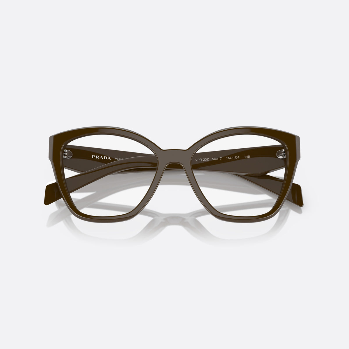 Rame ochelari de vedere Prada PR 20ZV 15L1/O1, fluture maro, pentru femei, punte simplă îmbinată, literele brandului pe brațe, cu brațele pliate