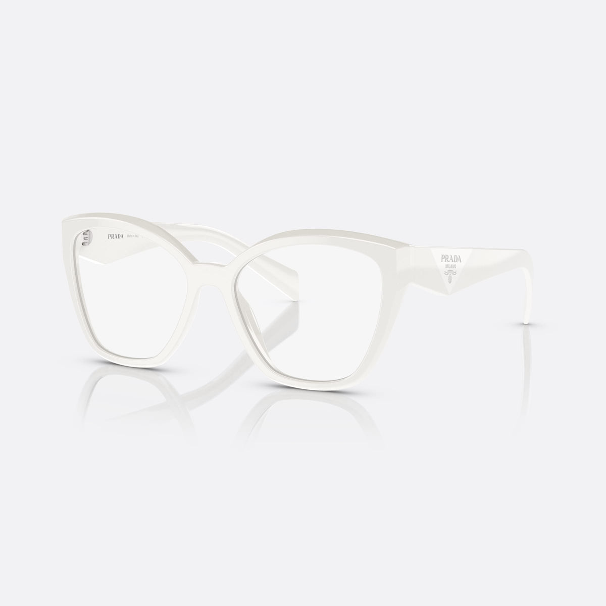 Prada PR 20ZV 17K-1O1 eyeglasses, white irregular frame for women, plain bridge, triangular plaque on temple, full-rim frame