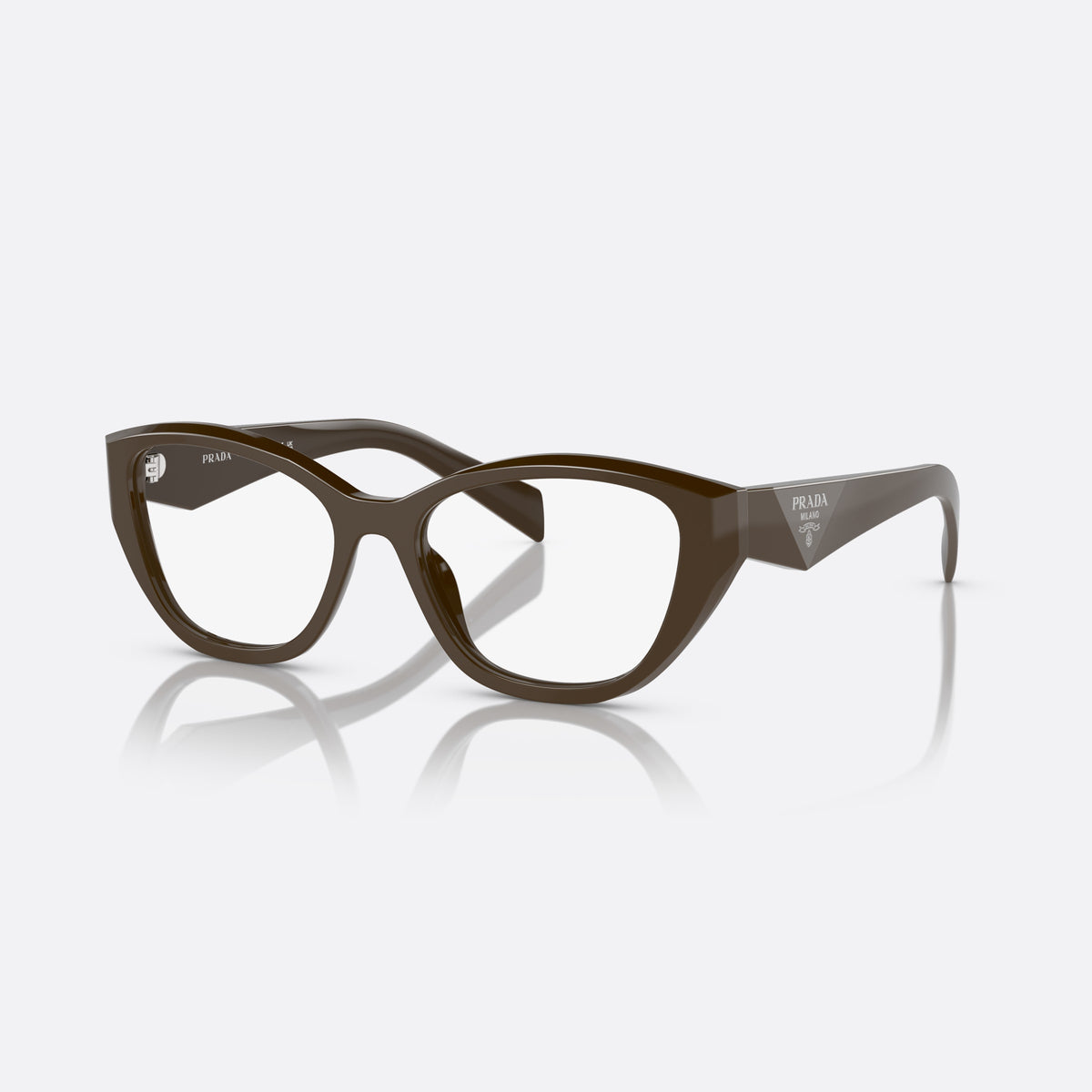 Prada PR 21ZV 15L-1O1 eyeglasses, brown irregular frame for women, plain bridge, integrated into rim, full-rim frame