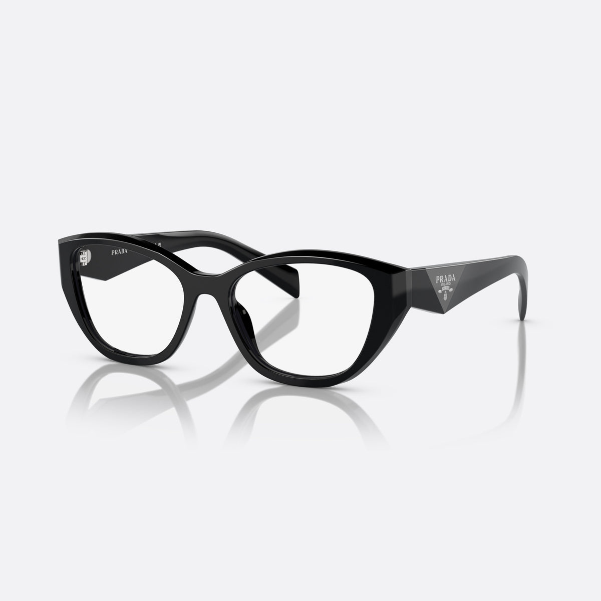 Prada PR 21ZV 16K1O1 eyeglasses, black irregular frame for women, keyhole bridge, brand logo on temple plaque