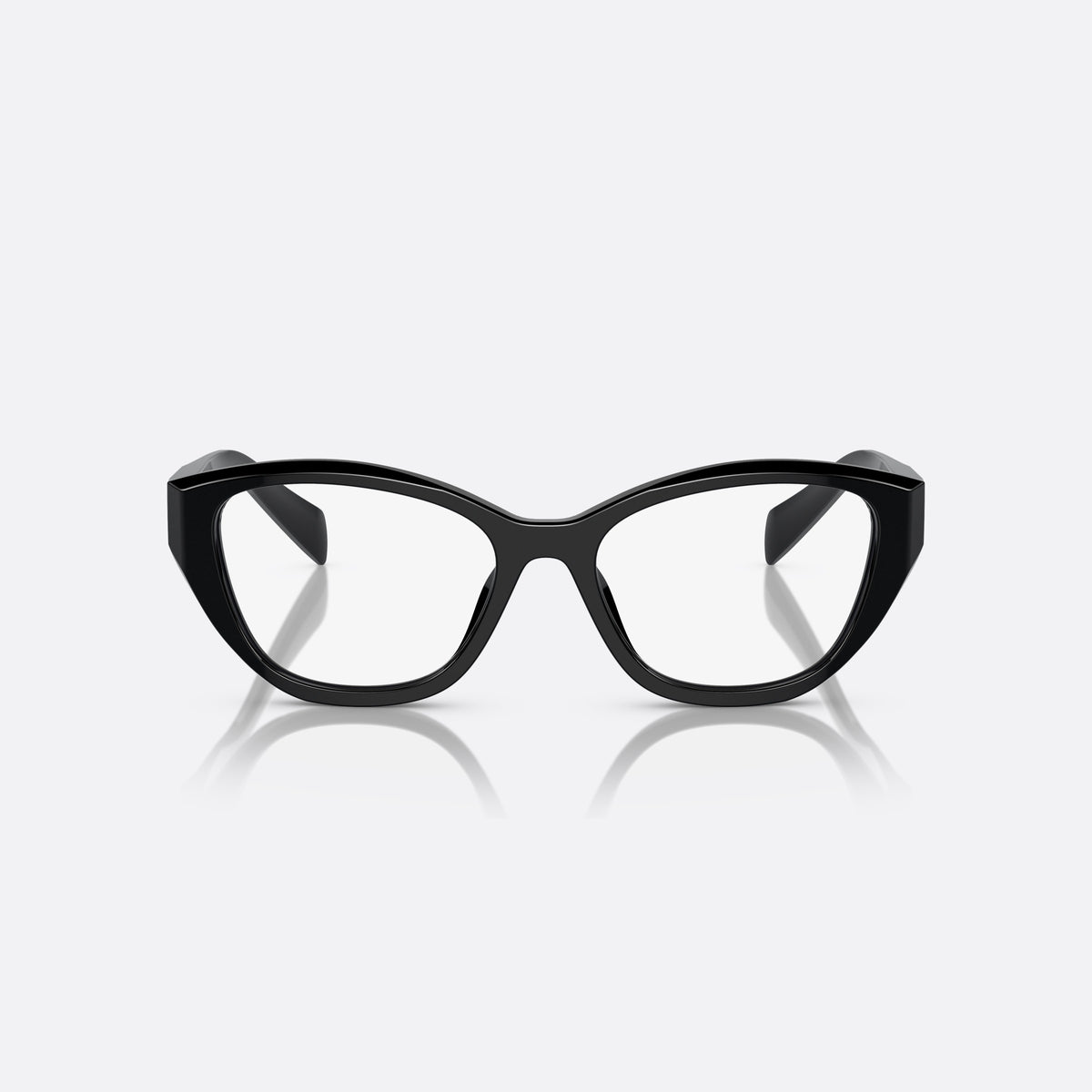 Prada PR 21ZV 16K1O1 eyeglasses, black irregular frame for women, keyhole bridge, brand logo on temple plaque, front view