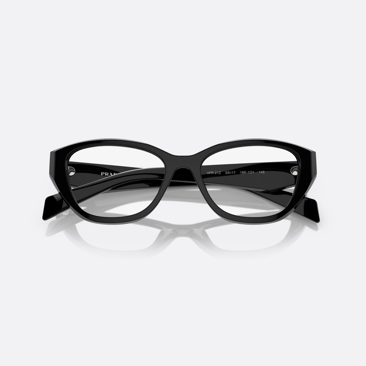 Prada PR 21ZV 16K1O1 eyeglasses, black irregular frame for women, keyhole bridge, brand logo on temple plaque, folded
