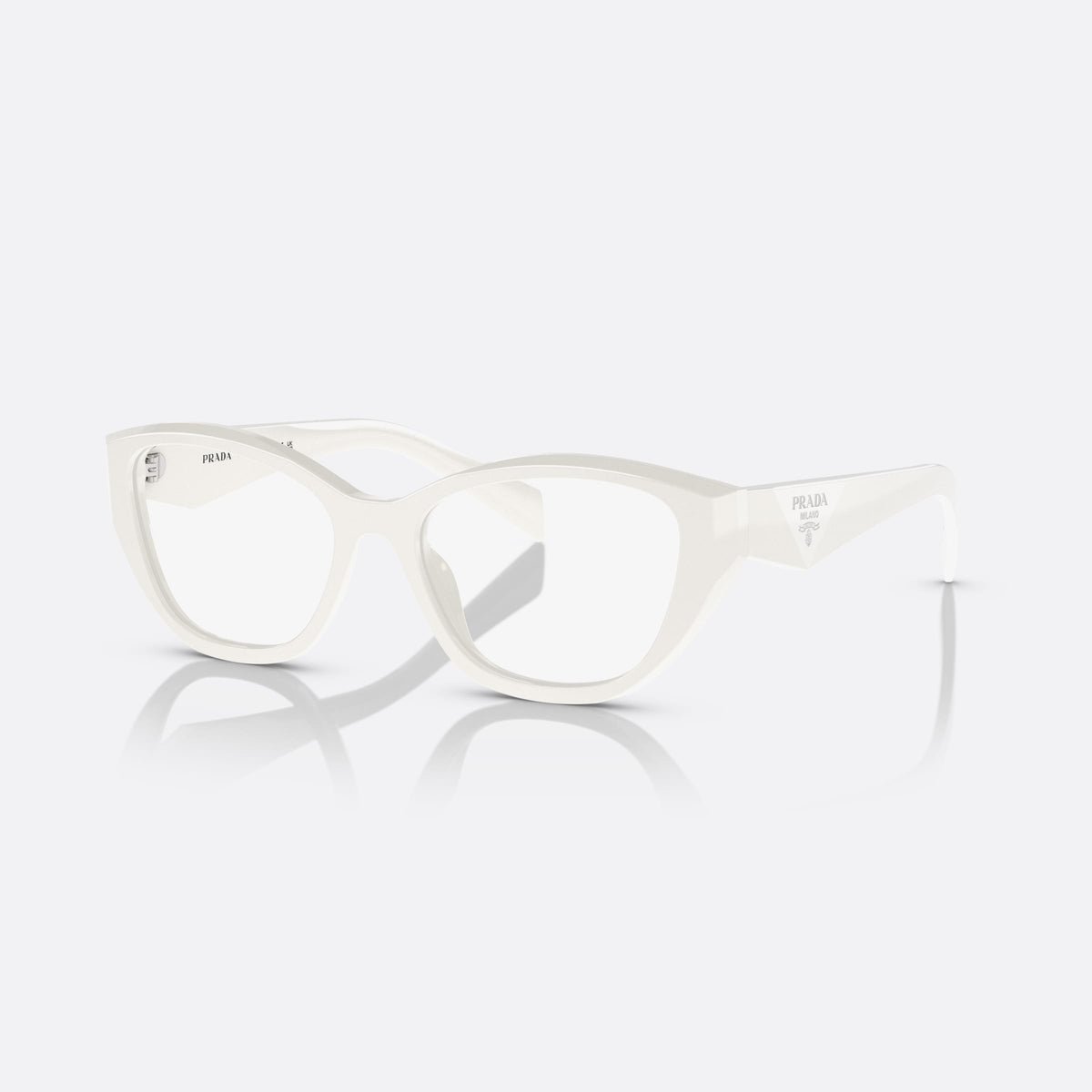 Prada PR 21ZV 17K-1O1 eyeglasses, white irregular frame for women, plain bridge with thick profile, brand logo on temple