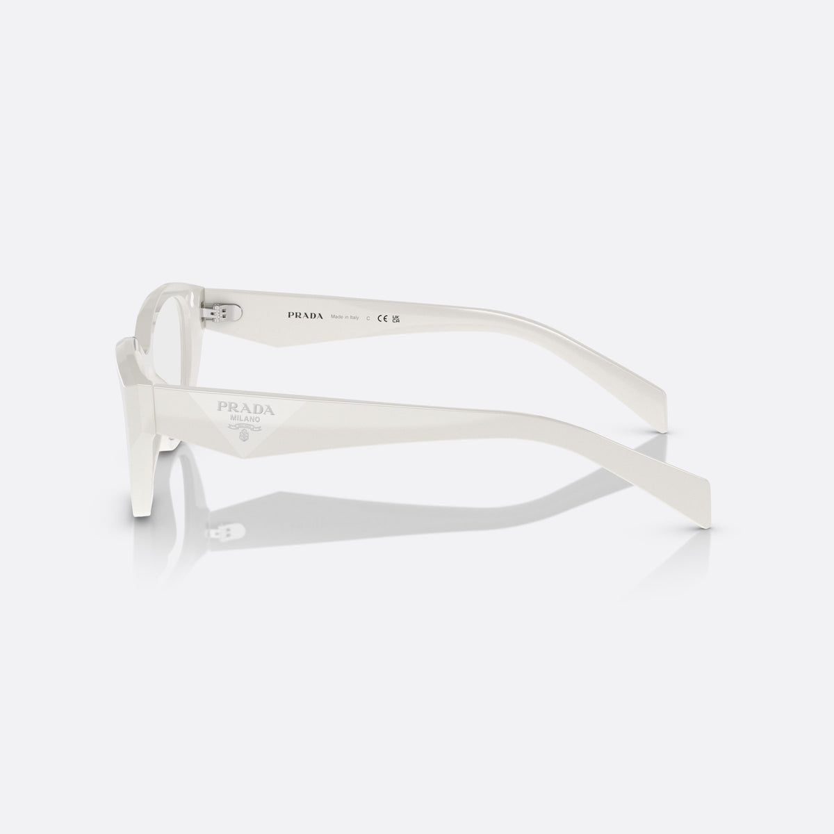Prada PR 21ZV 17K-1O1 eyeglasses, white irregular frame for women, plain bridge with thick profile, brand logo on temple