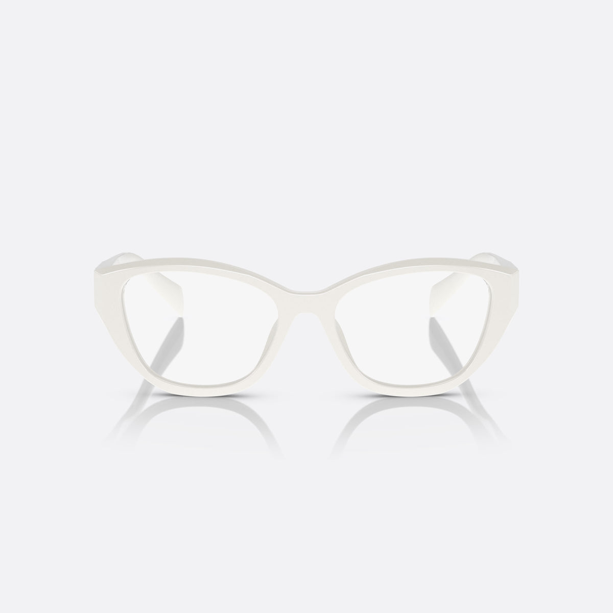 Prada PR 21ZV 17K-1O1 eyeglasses, white irregular frame for women, plain bridge with thick profile, brand logo on temple