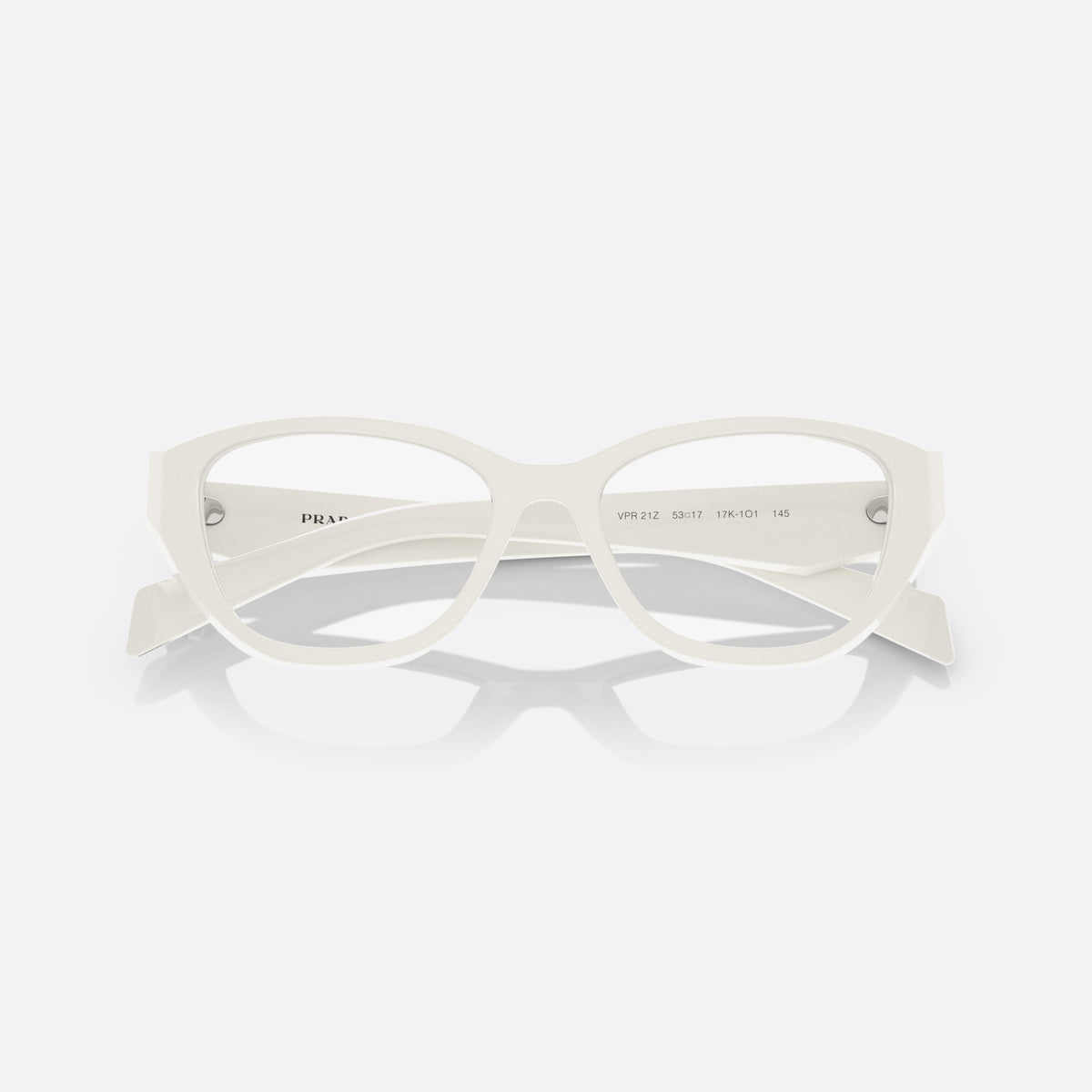 Prada PR 21ZV 17K-1O1 eyeglasses, white irregular frame for women, plain bridge with thick profile, brand logo on temple