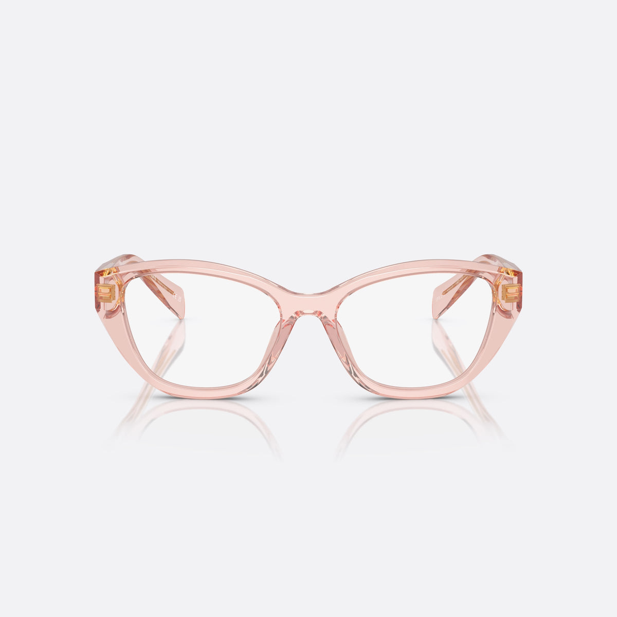 Prada PR 21ZV 19Q1O1 eyeglasses, pink cat eye frame for women, plain acetate bridge, brand lettering on temples, front view