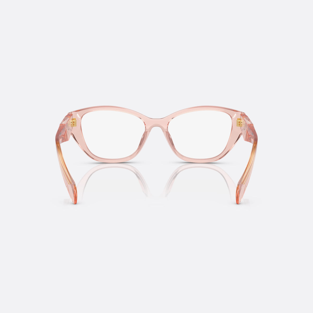 Prada PR 21ZV 19Q1O1 eyeglasses, pink cat eye frame for women, plain acetate bridge, brand lettering on temples, back view