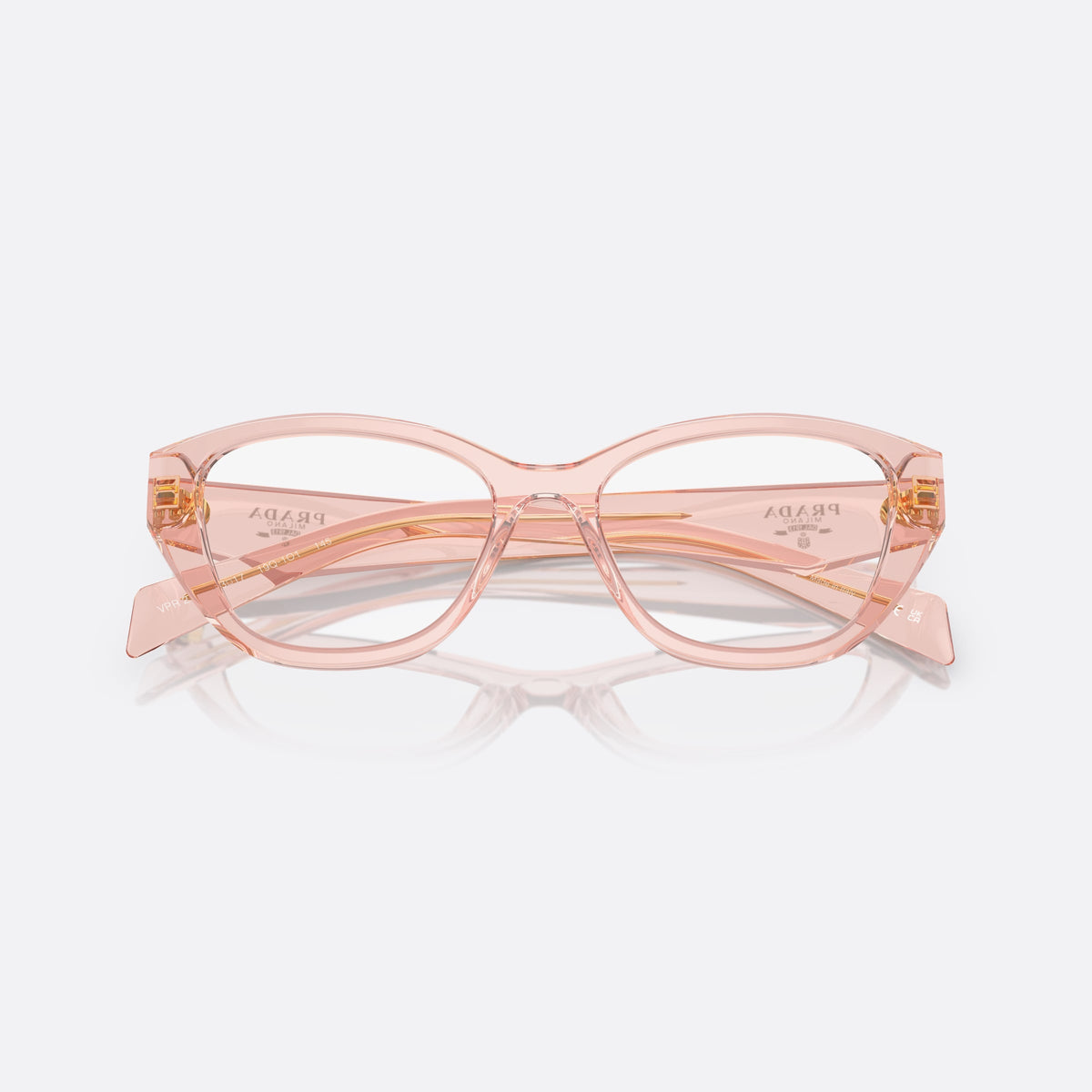 Prada PR 21ZV 19Q1O1 eyeglasses, pink cat eye frame for women, plain acetate bridge, brand lettering on temples, folded