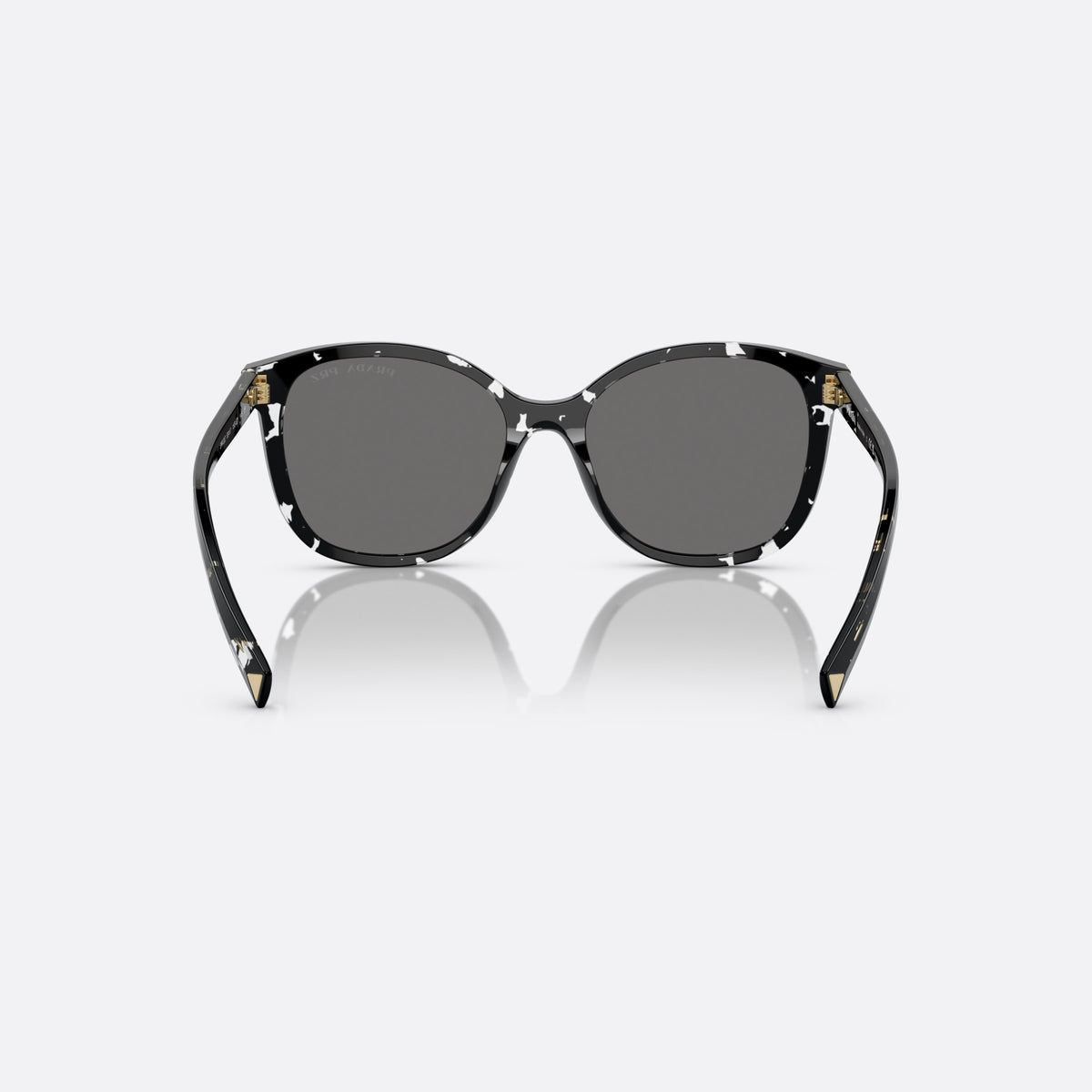 Prada PR 22ZS 15S5Z1 BLGR sunglasses, black squared frame for women, plain bridge, brand lettering on temples, full rim, back view