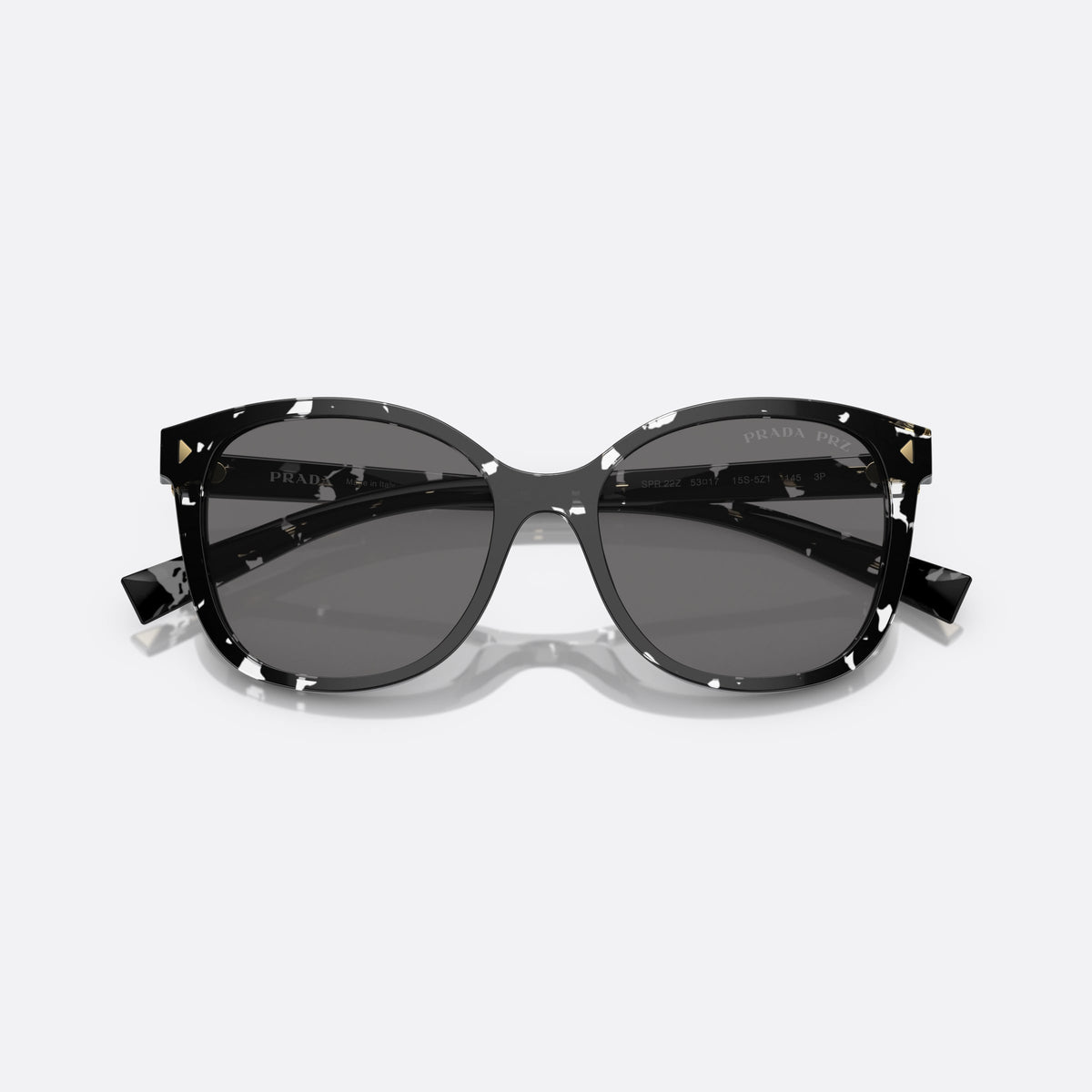 Prada PR 22ZS 15S5Z1 BLGR sunglasses, black squared frame for women, plain bridge, brand lettering on temples, full rim, folded