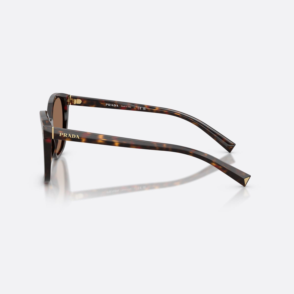 Prada PR 22ZS 17N06B sunglasses, havana square frame for women, plain bridge, integrated into frame, slim tapered temples, side view