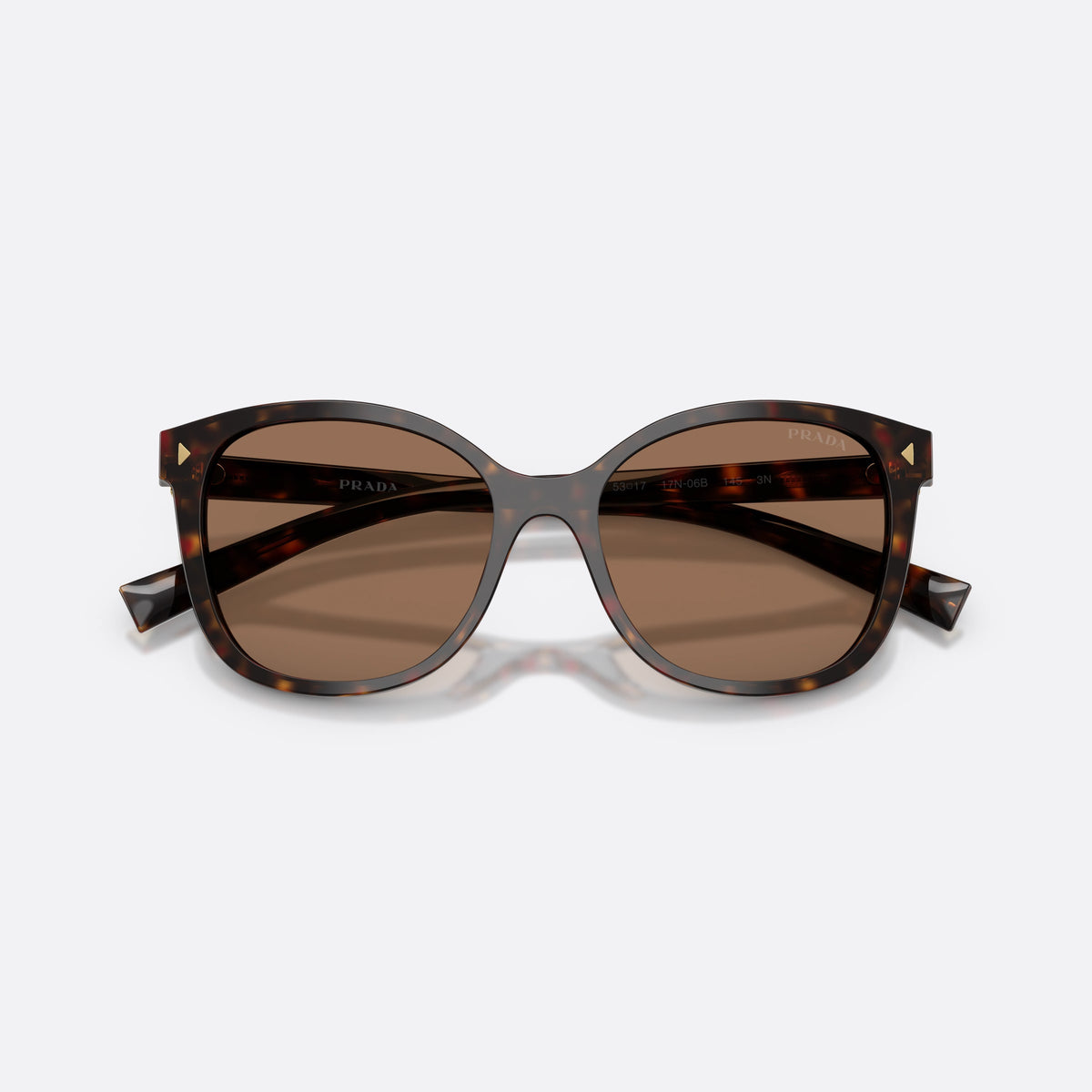 Prada PR 22ZS 17N06B sunglasses, havana square frame for women, plain bridge, integrated into frame, slim tapered temples, folded