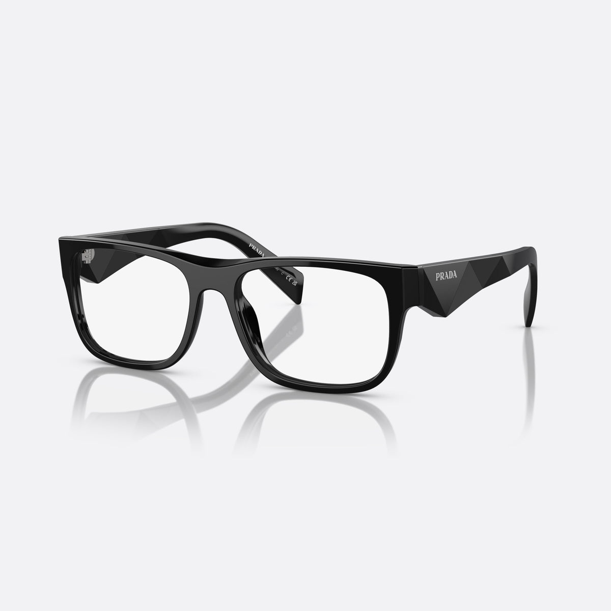 Prada PR 22ZV 16K-1O1 eyeglasses, black geometric frame for men, plain flat bridge, brand lettering on the temples
