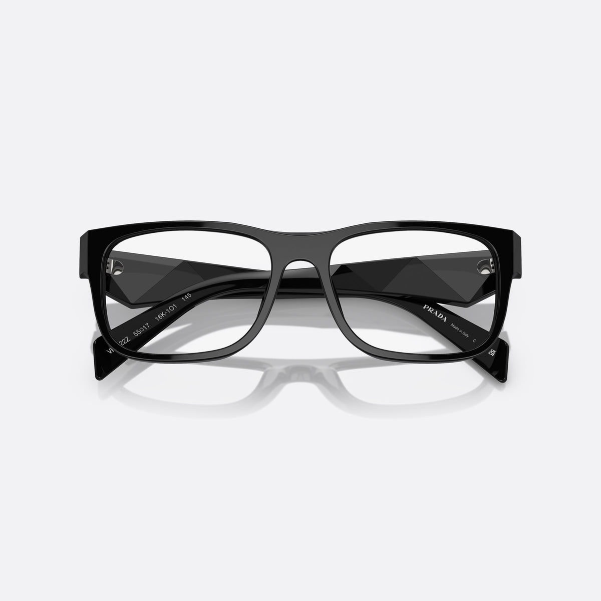 Prada PR 22ZV 16K-1O1 eyeglasses, black geometric frame for men, plain flat bridge, brand lettering on the temples, folded