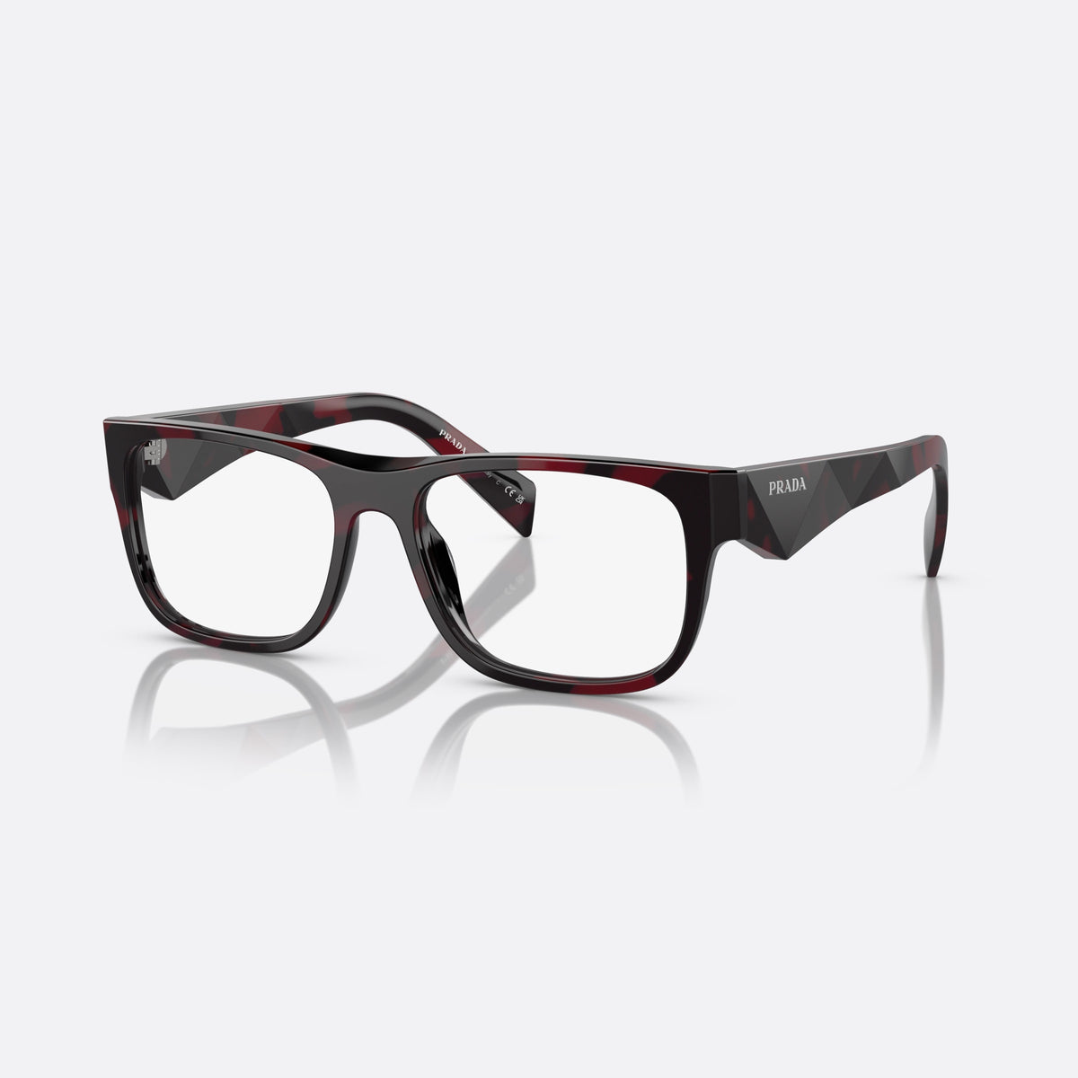 Prada PR 22ZV 16L-1O1 eyeglasses, havana geometric frame for men, plain double-arched bridge, brand lettering on temples