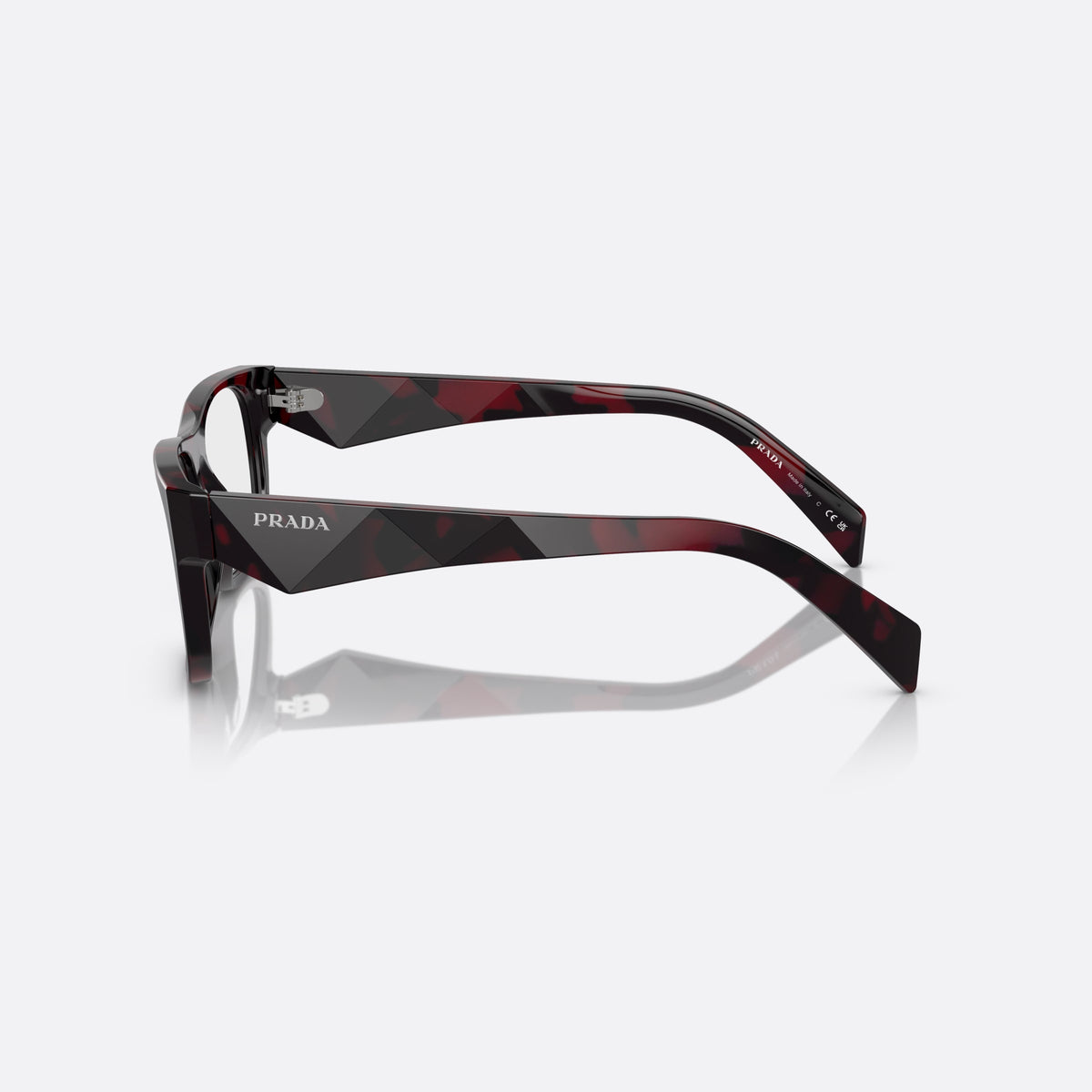 Prada PR 22ZV 16L-1O1 eyeglasses, havana geometric frame for men, plain double-arched bridge, brand lettering on temples, side view