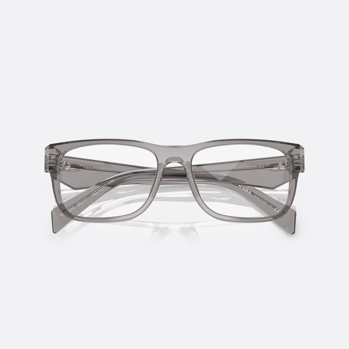 Prada PR 22ZV 16Z1O1 eyeglasses, grey geometric frame for men, plain bridge, integrated into front, full-rim frame, folded