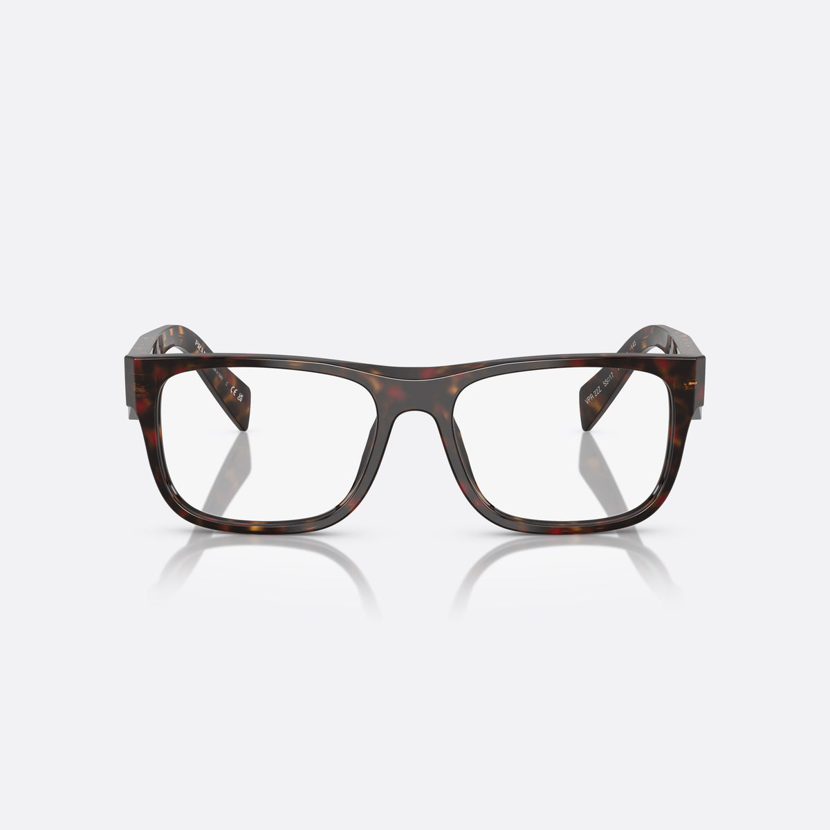 Prada PR 22ZV 17N1O1 eyeglasses, havana geometric frame for men, plain bridge, brand lettering on temples, full rim frame, front view