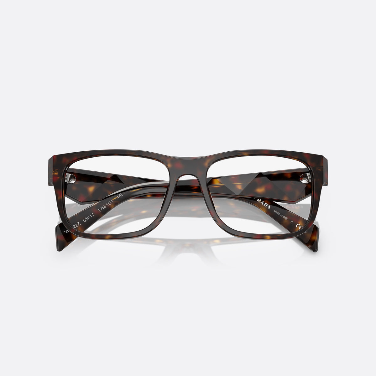 Prada PR 22ZV 17N1O1 eyeglasses, havana geometric frame for men, plain bridge, brand lettering on temples, full rim frame, folded