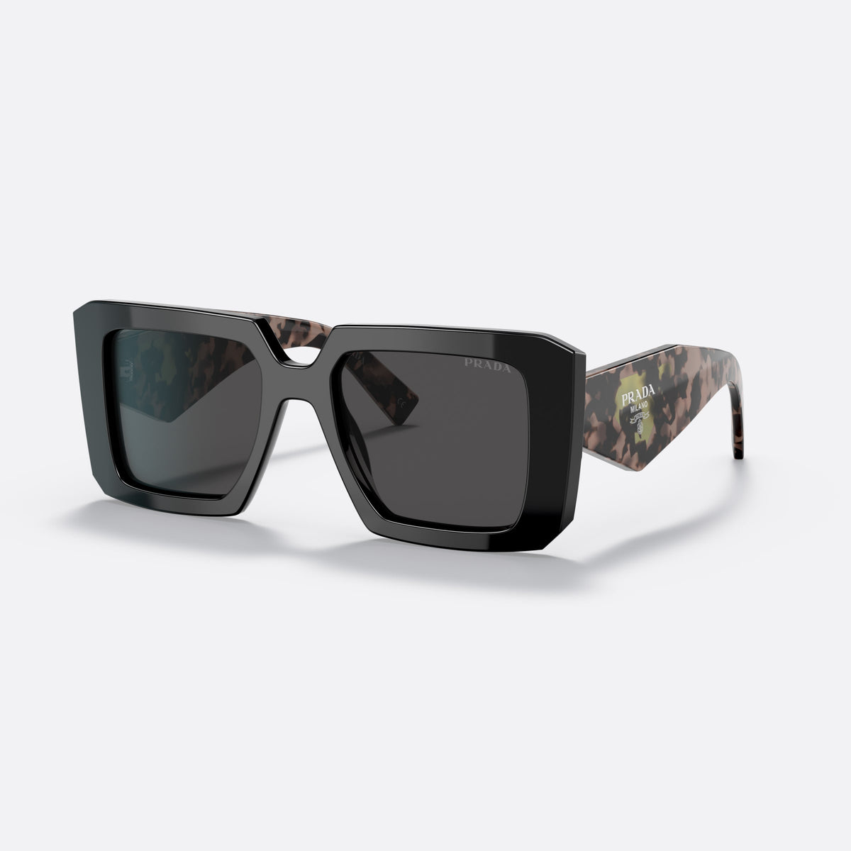 Prada PR 23YS 1AB5/S0 sunglasses, black square frame for women, keyhole bridge, brand lettering on temples, full-rim frame