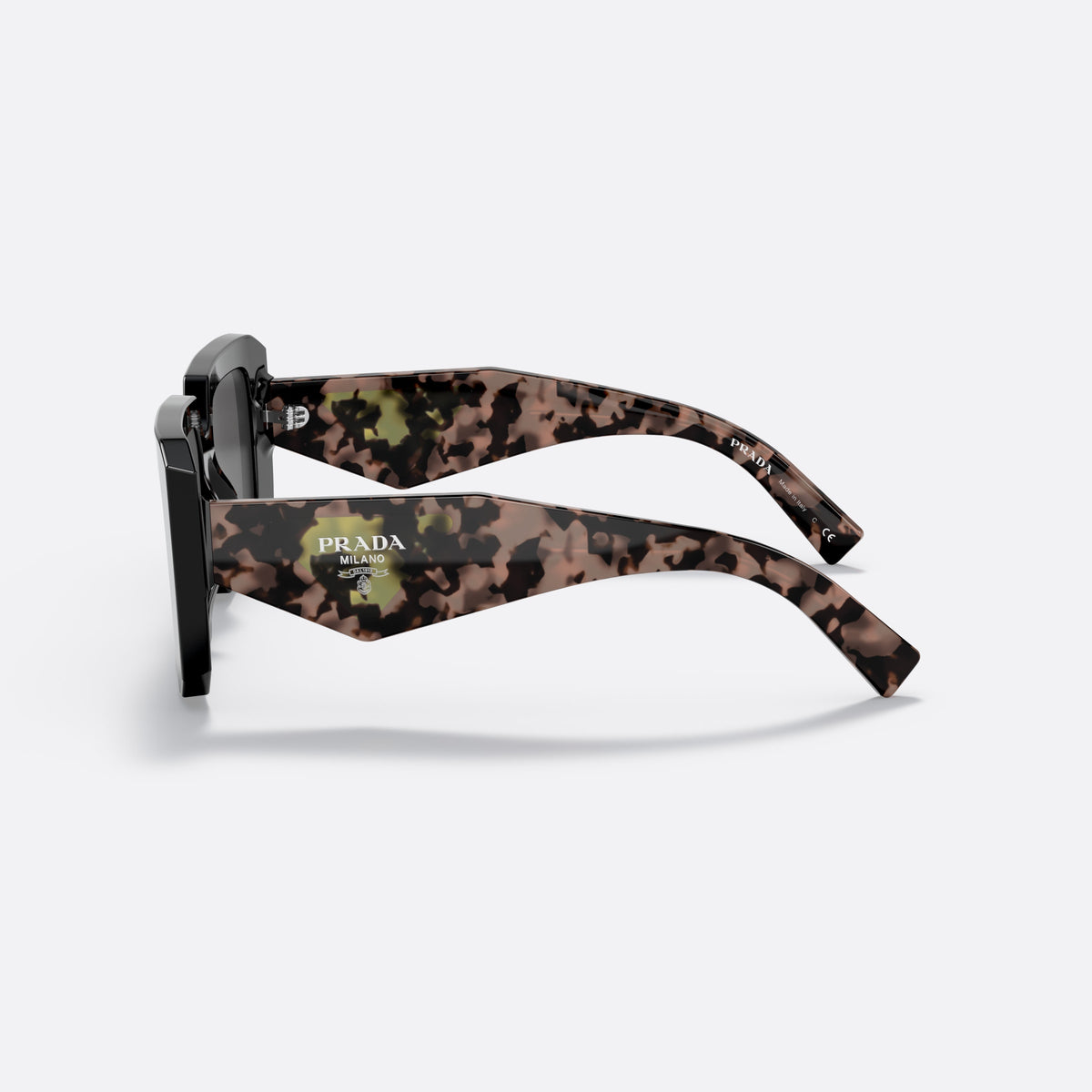 Prada PR 23YS 1AB5/S0 sunglasses, black square frame for women, keyhole bridge, brand lettering on temples, full-rim frame, side view