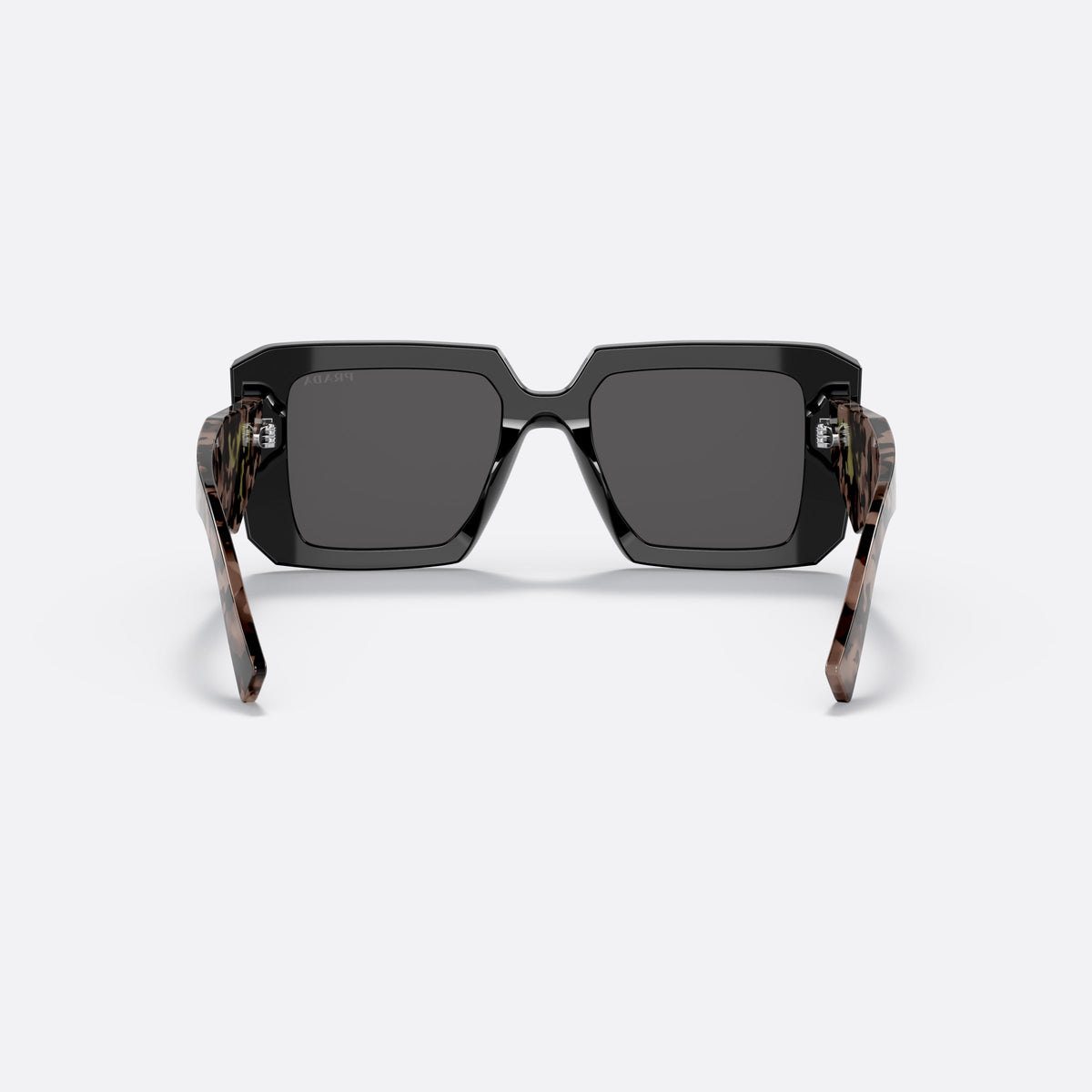 Prada PR 23YS 1AB5/S0 sunglasses, black square frame for women, keyhole bridge, brand lettering on temples, full-rim frame, back view
