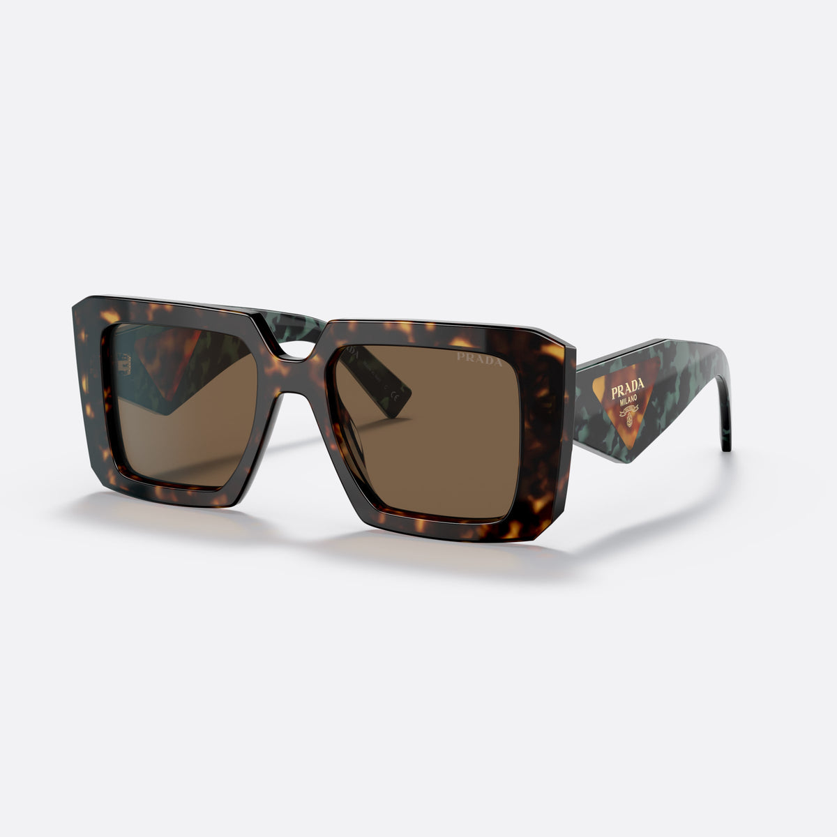 Prada PR 23YS 2AU0/6B sunglasses, havana square frame for women, keyhole bridge, triangular brand logo plaque on temple