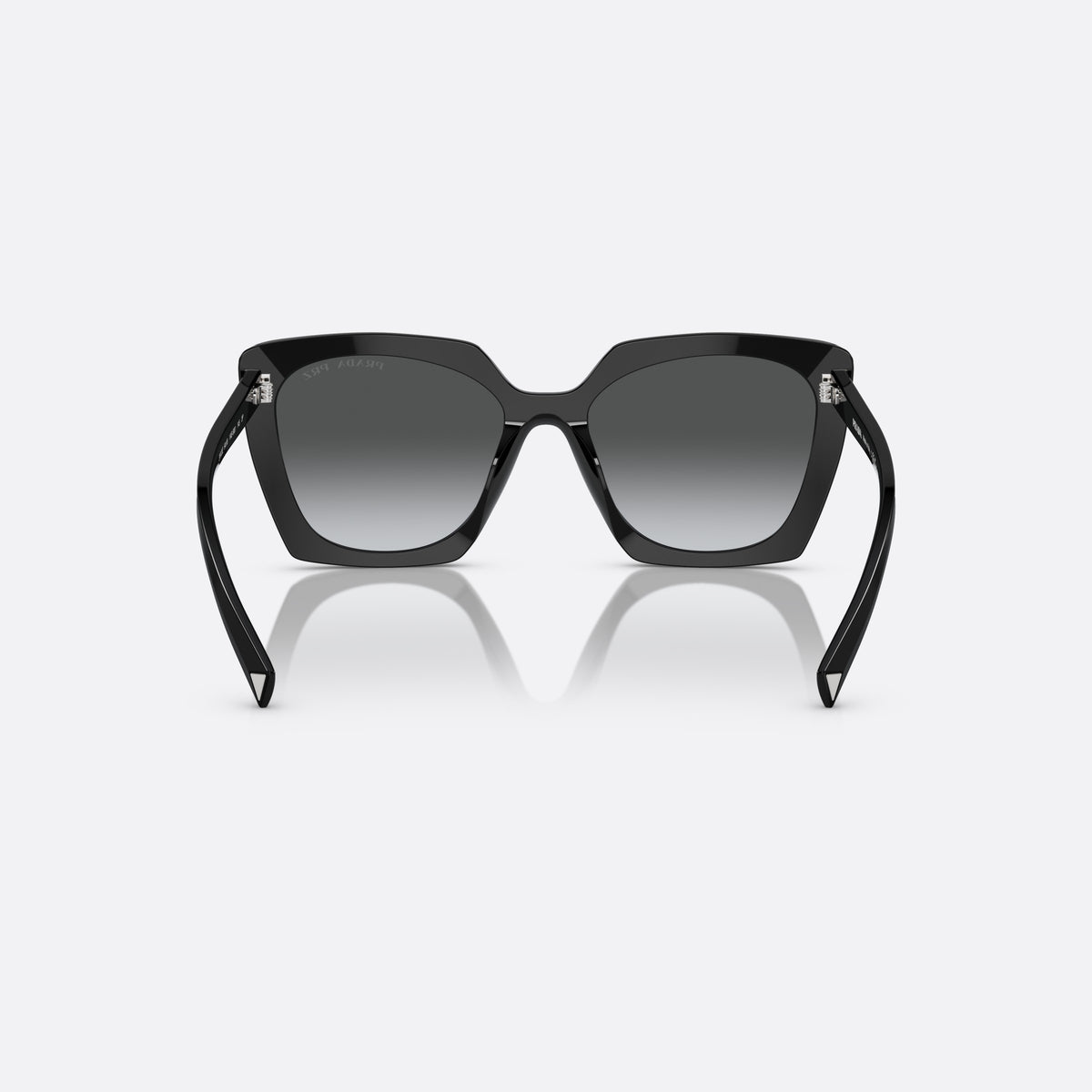 Prada PR 23ZS 1AB-5W1 sunglasses, black square frame for women, plain double bridge, brand lettering on lens, back view