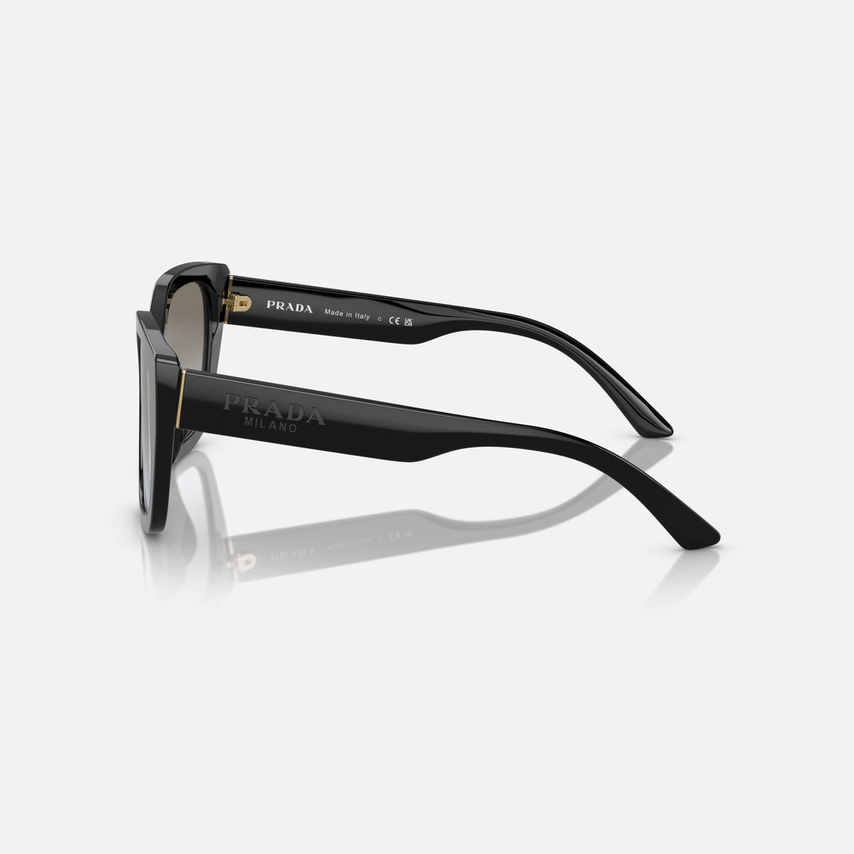Prada PR 24XS 1AB0A7 sunglasses, black rectangle frame for women, plain bridge, brand lettering on temples, full rim frame, side view