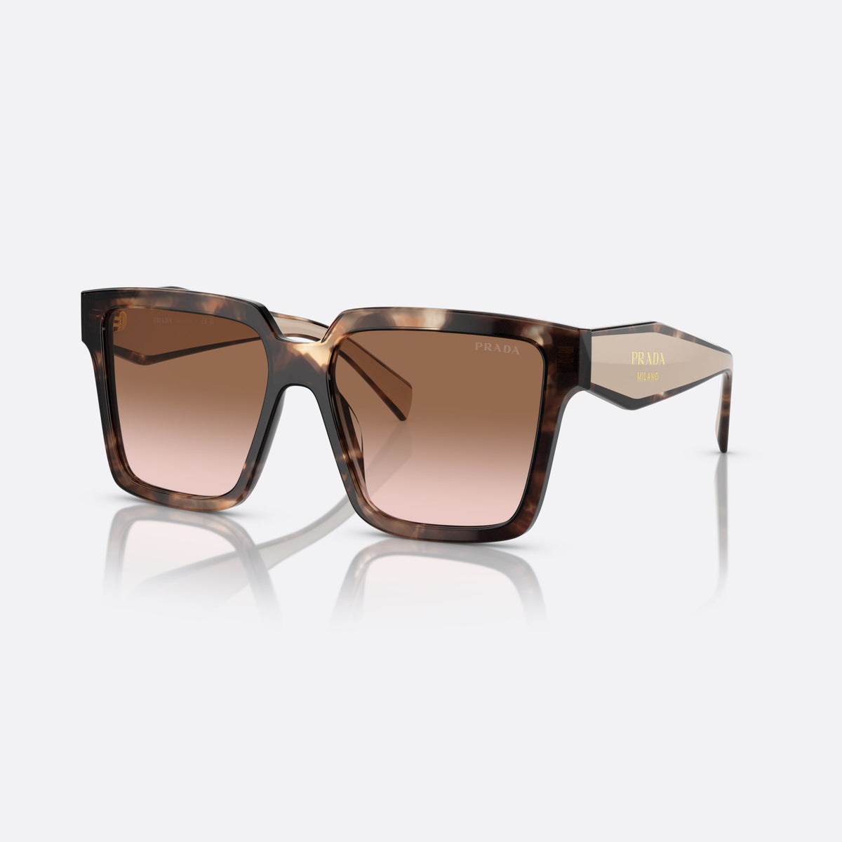 Prada PR 24ZS 07R0/A6 sunglasses, havana square frame for women, plain integrated bridge, brand lettering on temples