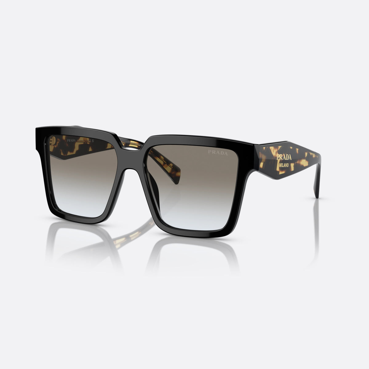 Prada PR 24ZS 1AB0A7 sunglasses, black square frame for women, plain bridge, brand logo on temple, full-rim frame