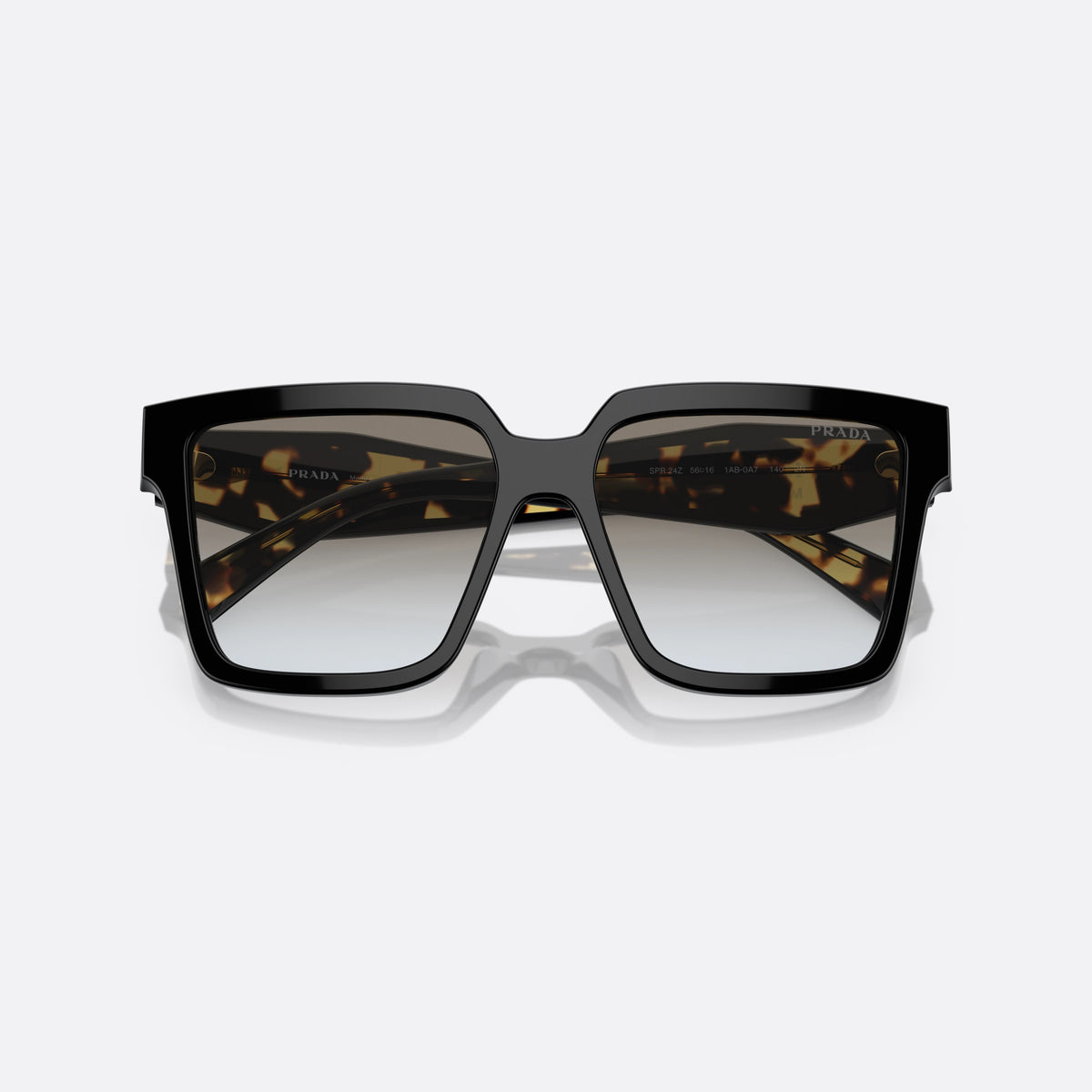 Prada PR 24ZS 1AB0A7 sunglasses, black square frame for women, plain bridge, brand logo on temple, full-rim frame, folded