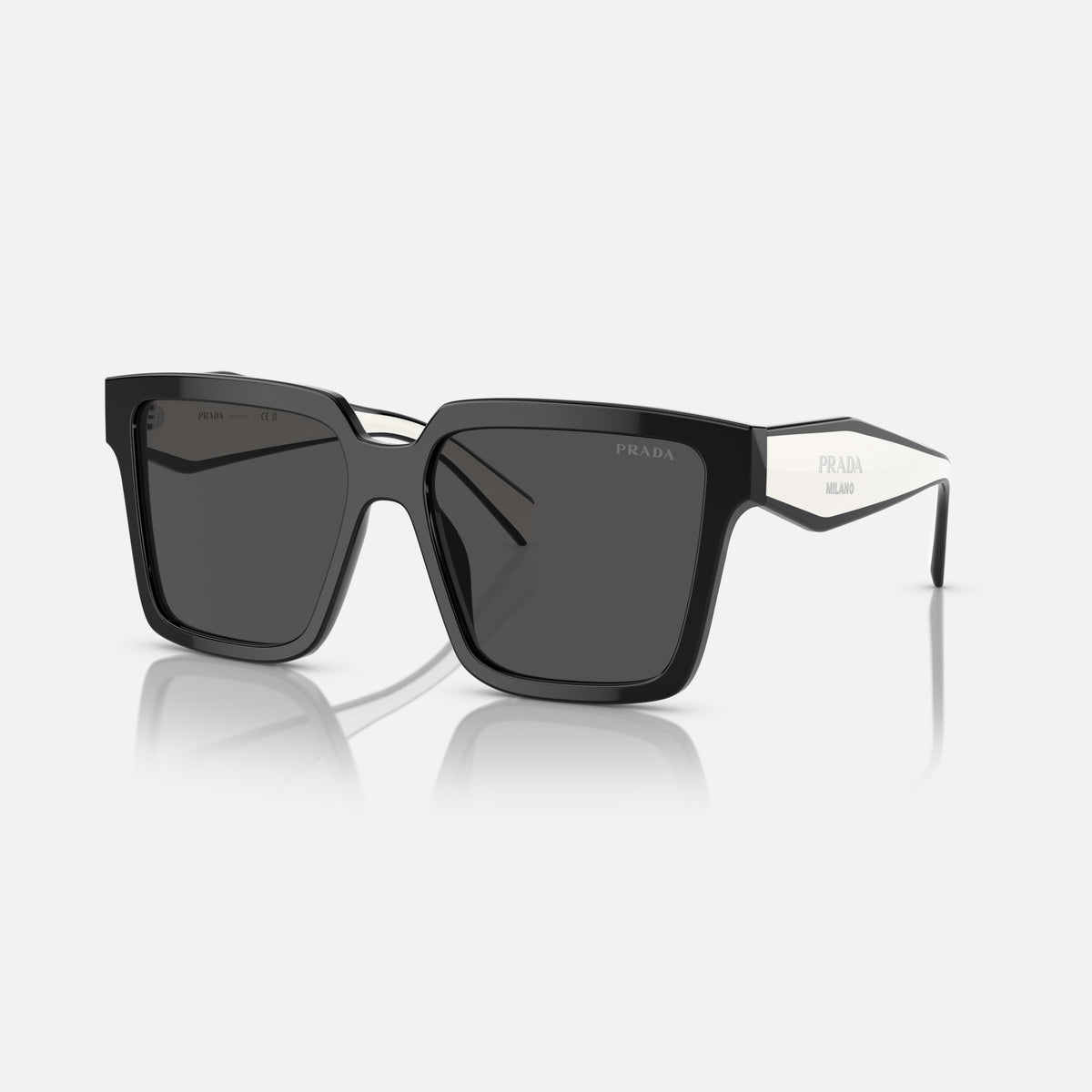 Ochelari de soare Prada PR 24ZS 1AB5/S0, patrati negru, pentru femei, punte dublă simplă, literele brandului pe brațe
