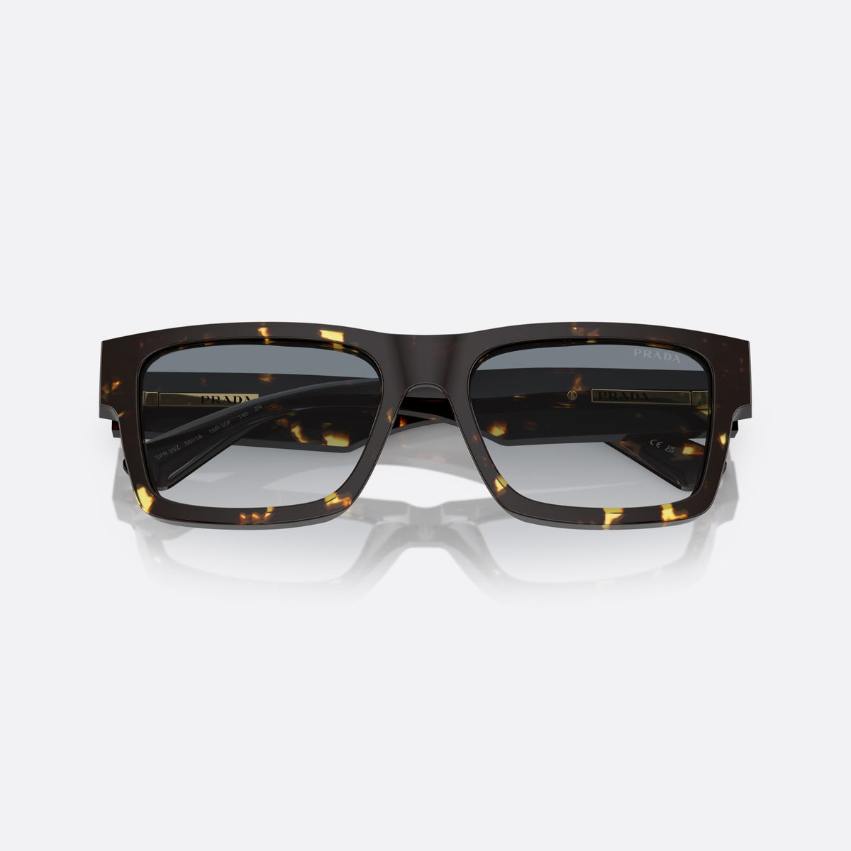 Prada PR 25ZS 16R-30F sunglasses, havana rectangle frame for men, plain double-piece bridge, brand lettering on temples, folded