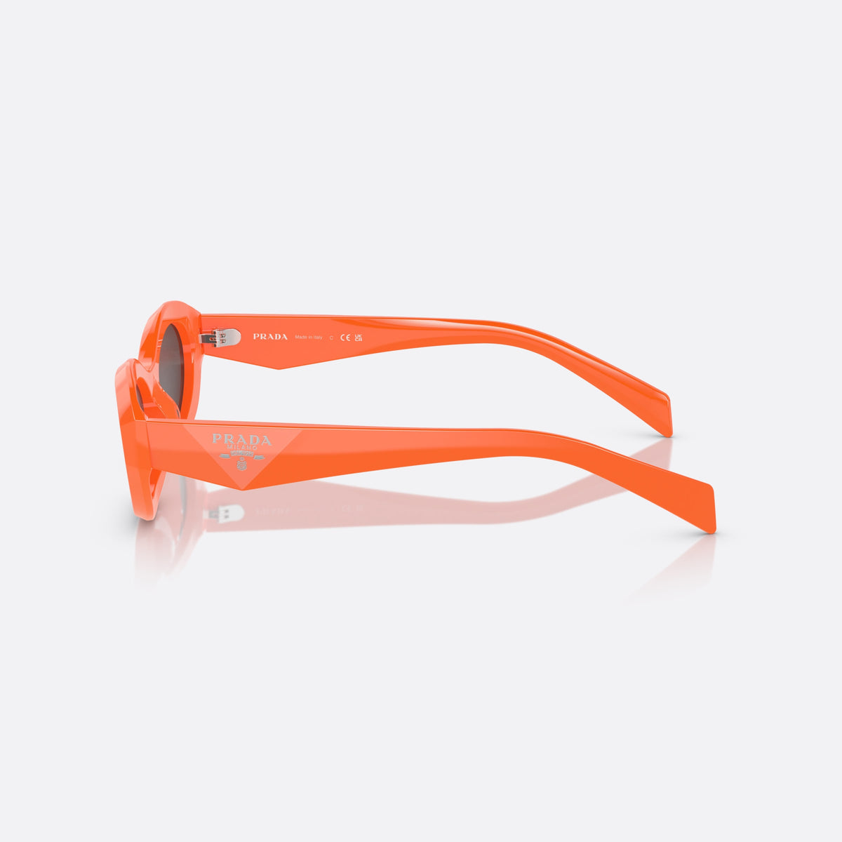 Prada PR 26ZS 12L-08Z sunglasses, orange cat eye frame for women, plain integrated bridge, brand logo plaque on temple, side view