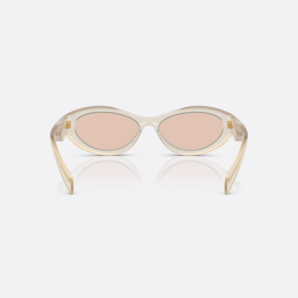 Prada PR 26ZS 12V4I2 sunglasses, white irregular frame for women, plain bridge, brand logo on temples, wide tapered temples, back view