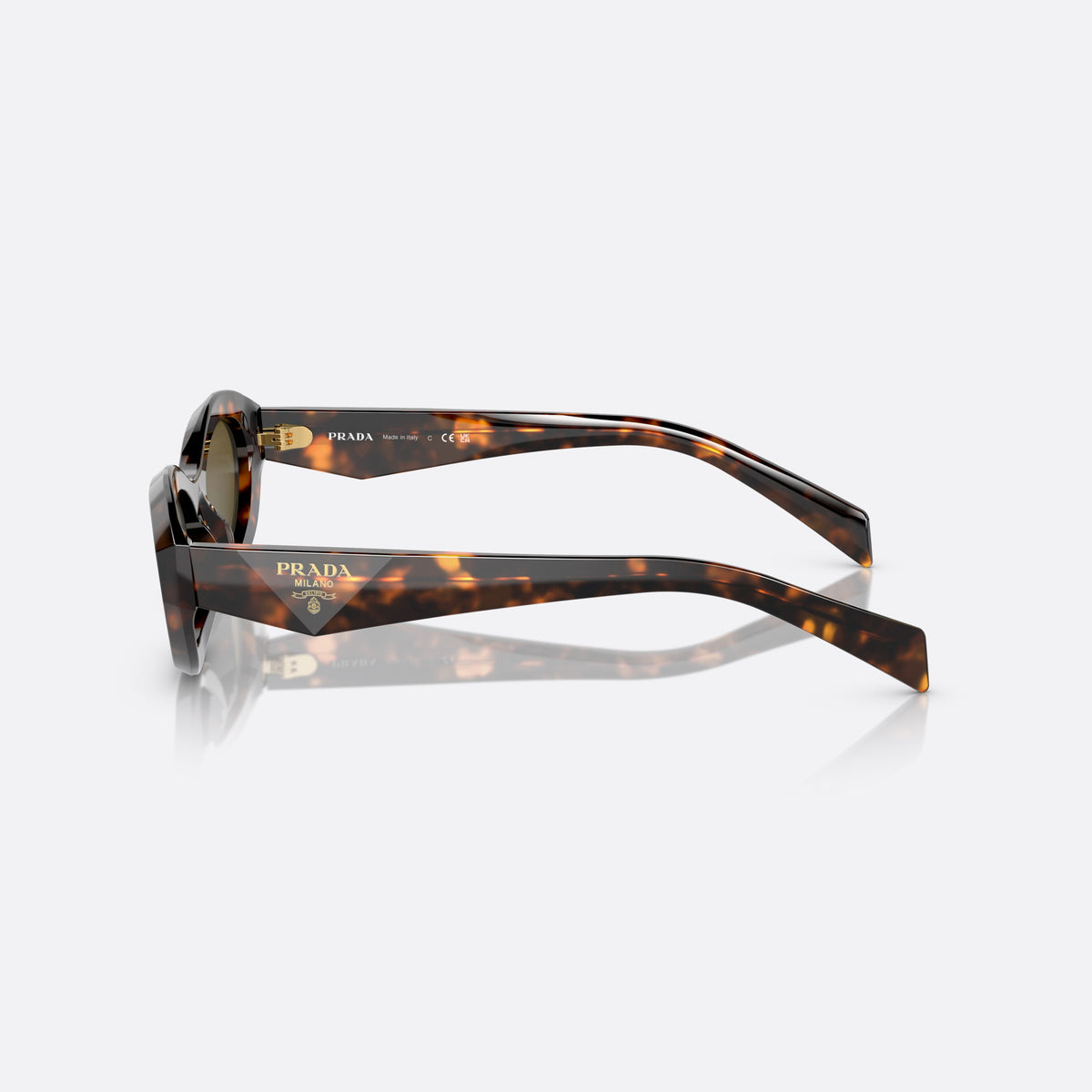 Prada PR 26ZS 14L-09Z sunglasses, green irregular frame for women, plain bridge, gold-tone brand logo, full-rim frame, side view